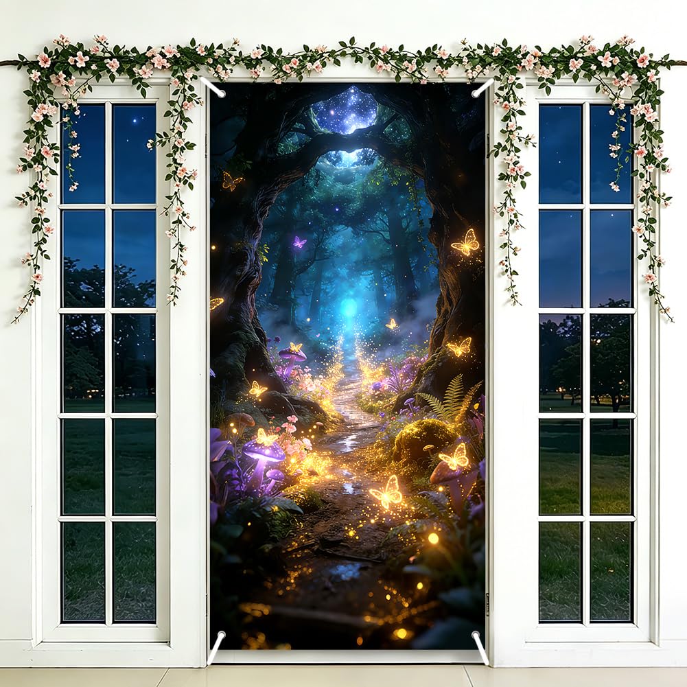 SUPERDANT Door Cover, Fantasy Theme Door Banner Backdrop, Enchanted Forest Style Entryway Cover with Easy Hang Design for Porch Girl's Party Decoration, Colorful 185x90cm