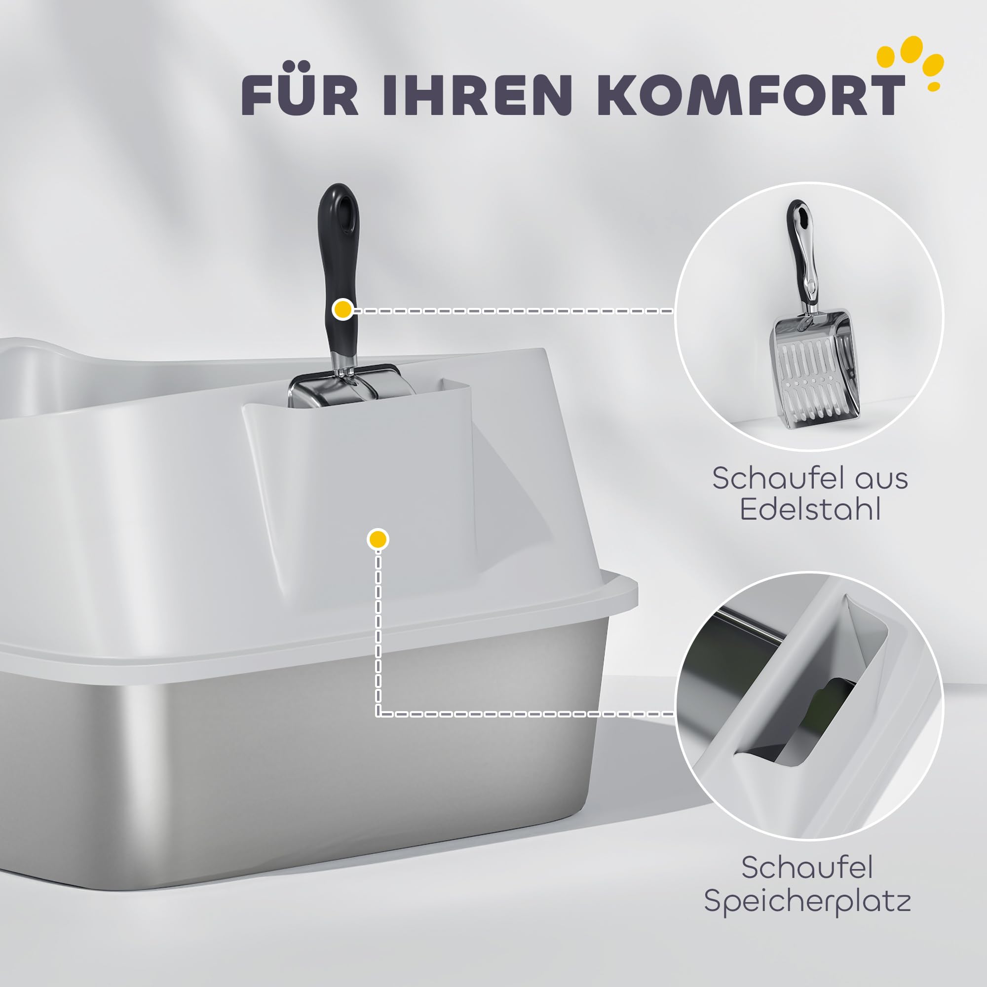 PawHut Katzentoilette Edelstahl XXL für Katzen 60,2 x 40,2 x 29,7 cm Grau | Edelstahl, Offene Katzenklo Ohne Deckel, Mit Schaufel, Hohem Rand, Cat Litter Box, Bis 7 kg