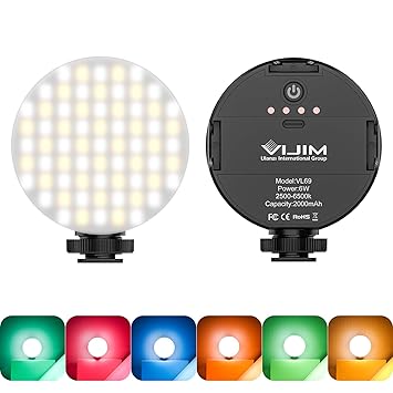 Vlogging Light with 3 Cold Shoe, 2500K-6500K Bi-Color Small Camera Light, 2000mAh Rechargeable Round Led Video Light for Gopro, iPhone, Smartphone,Sony/Canon Digital/DSLR Camera (VL69 Black)