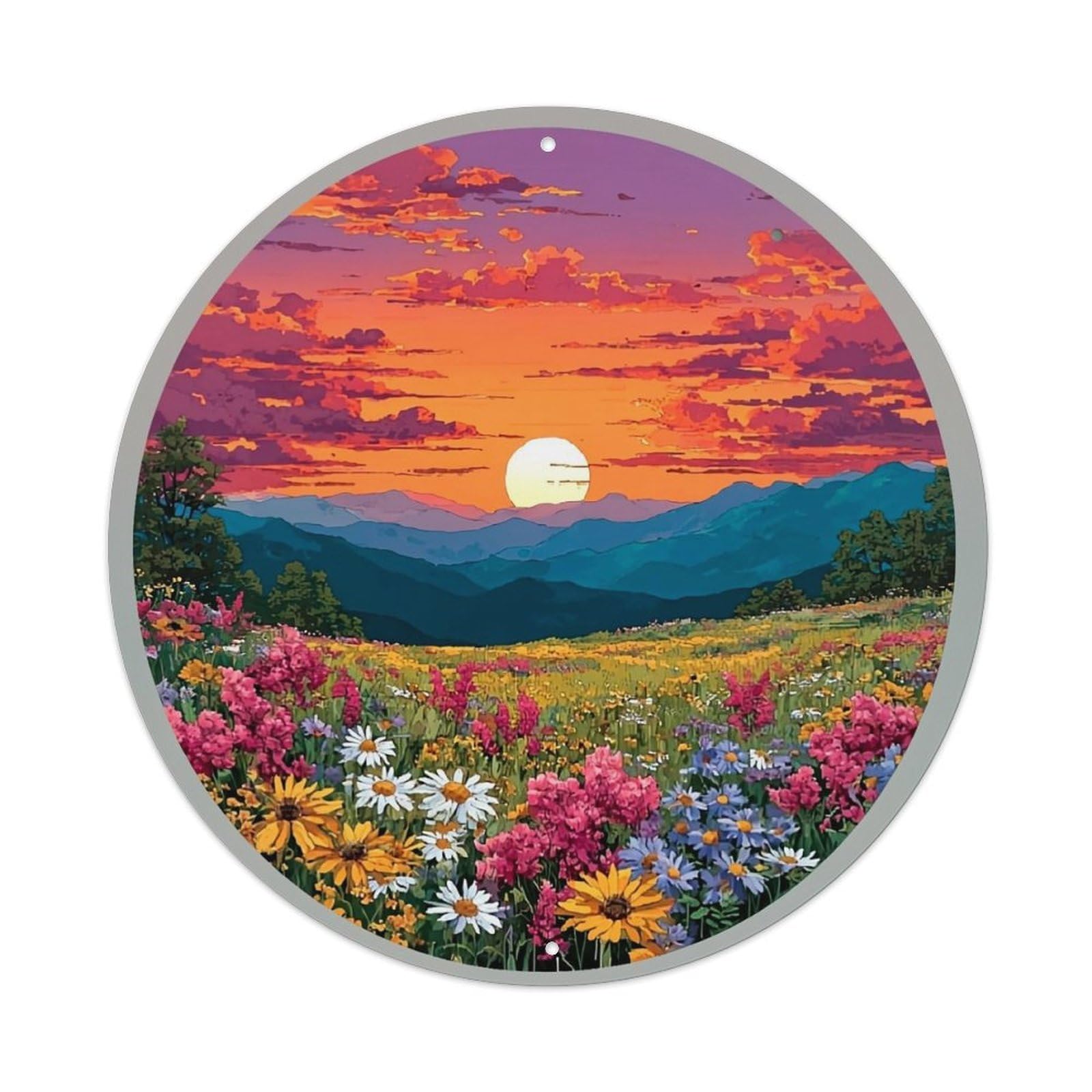 Sunset Mountain Wildflower Field Scene Vintage Metal Tin Sign Retro Wall Decor for Home Bar Garage Cafe, Indoor & Outdoor Decorative，circle Metal Poster, 8x8 Inch