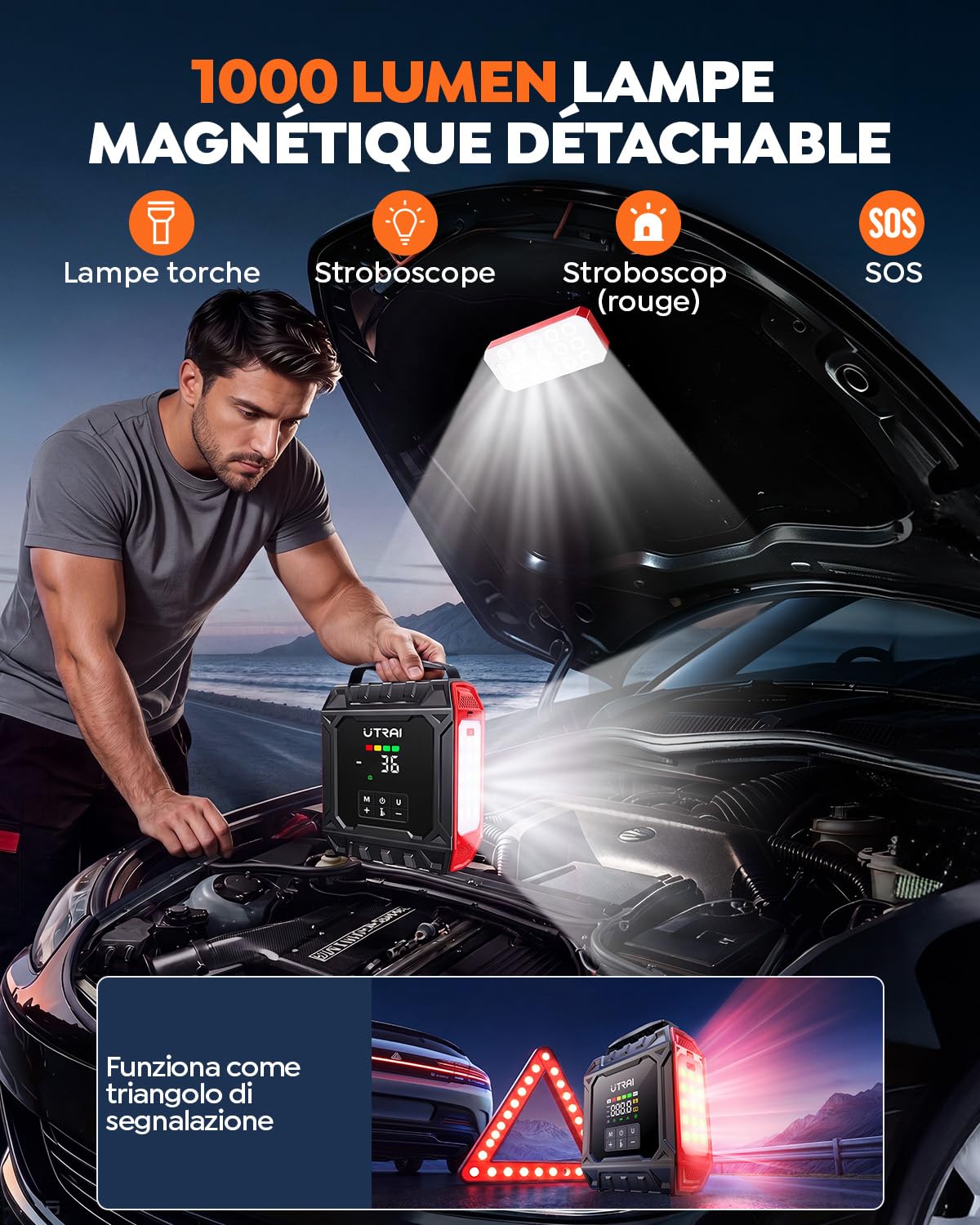 8000A Booster Batterie Voiture avec Compresseur (Tout Essence & 10L Diesel) | UTRAI 160PSI Démarreur Batterie Voiture avec Lampe Magnétique 1000 Lumens, 12V Jump Starter avec Gonfleur Pneus Voiture