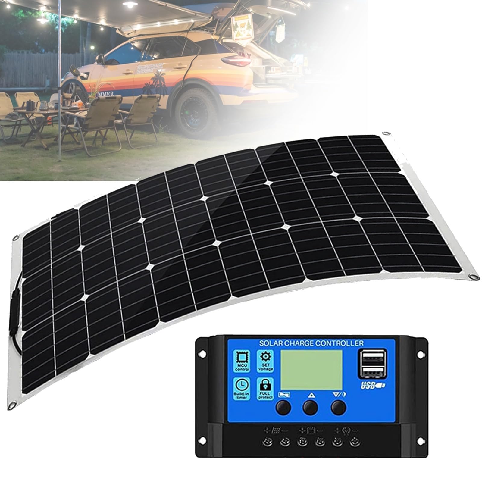 Kit Panel Solar Flexible 500W 18V Placa Solar y Controlador de Cargador para Baterías 12V/24V, Autocaravana, Caravana,Barco, Yate, Automóvil(1x500W)
