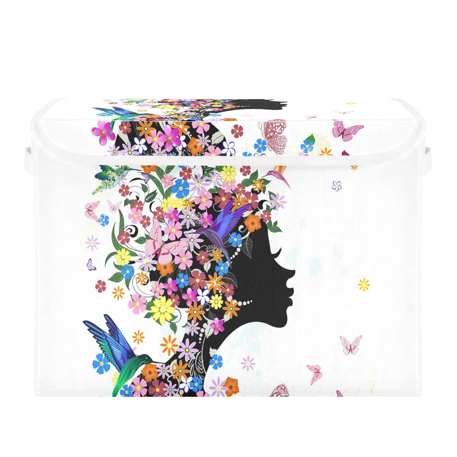 Oyihfvs Floral Girl Butterflies Foldable Cube Storage Basket Collapsible Fabric with Lidded Sturdy Handles Organizer Box for Home Bedroom 16.5 x 12.6 x 11.8 in