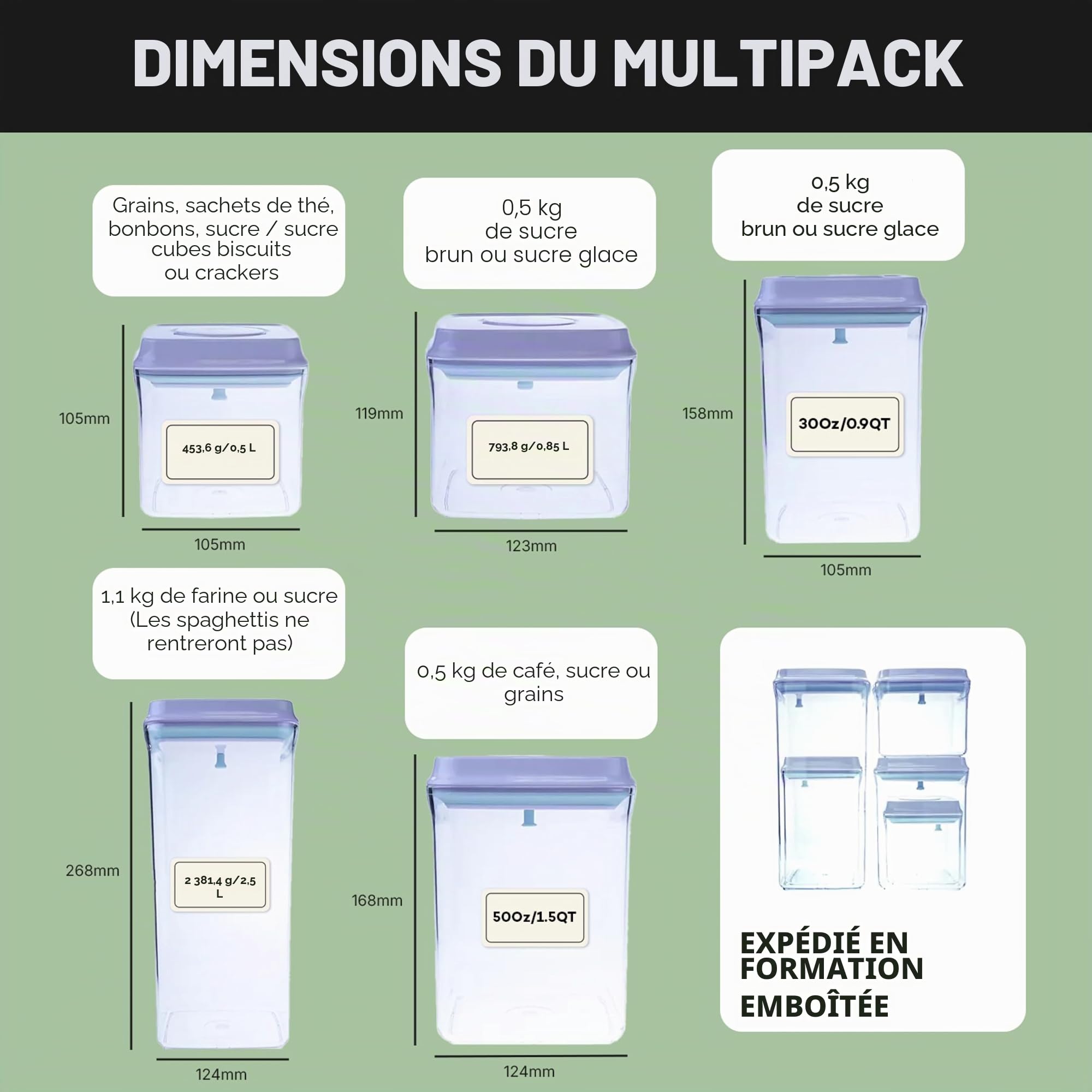 iChewie - BopTop (Ensemble de 5 récipients) Récipient hermétique pour le stockage des aliments - Boîte à joint mécanique en silicone - empilable sans BPA - 500ml / 850ml / 900ml / 1500ml / 2500ml