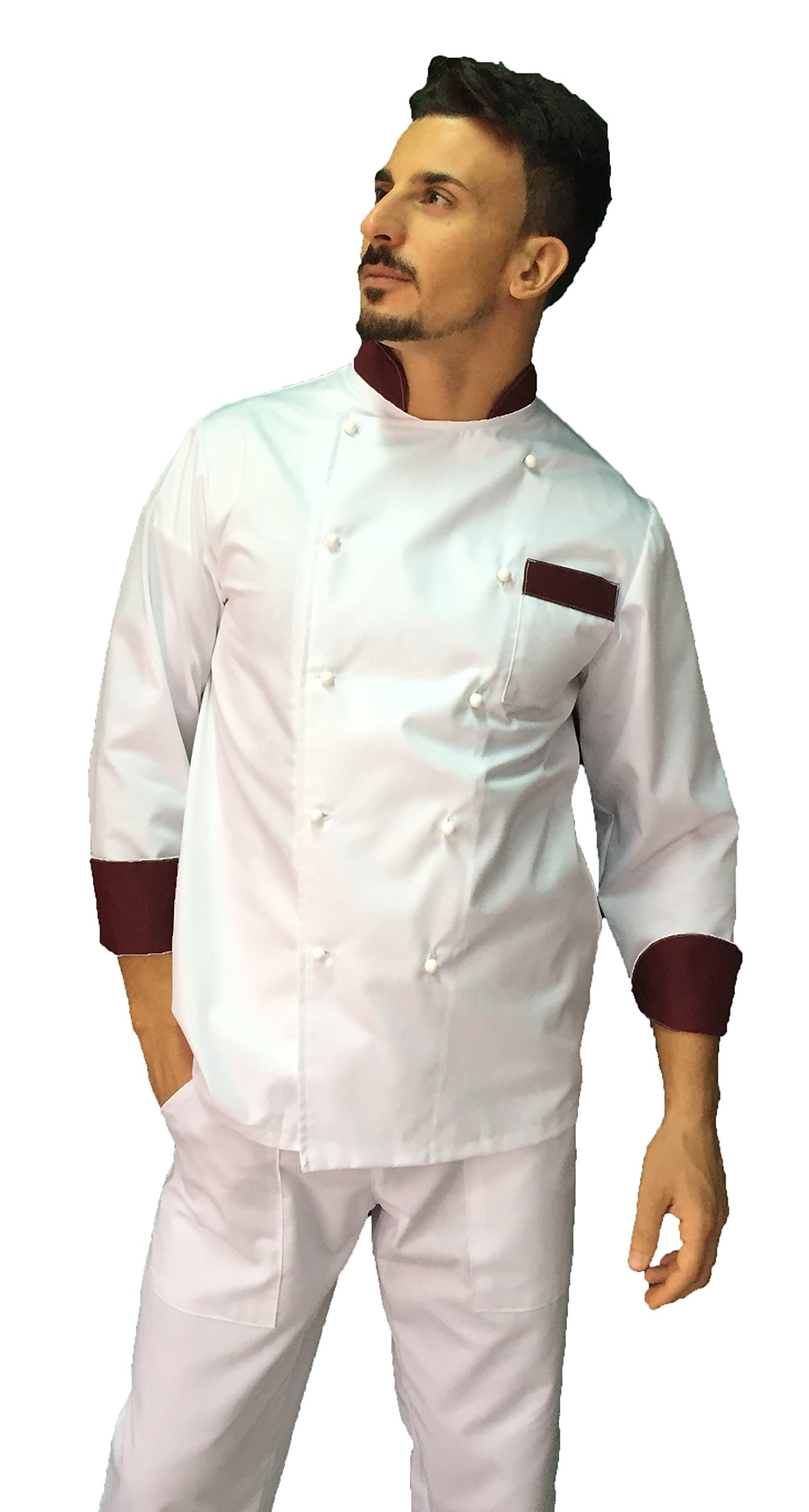 Ricamo Gratuito - Completo Cuoco Uomo - Bianco e Bordeaux - Divisa Chef - Giacca, Pantaloni e Grembiule - 100% Cotone - Uniforme per Cucina e Ristorante