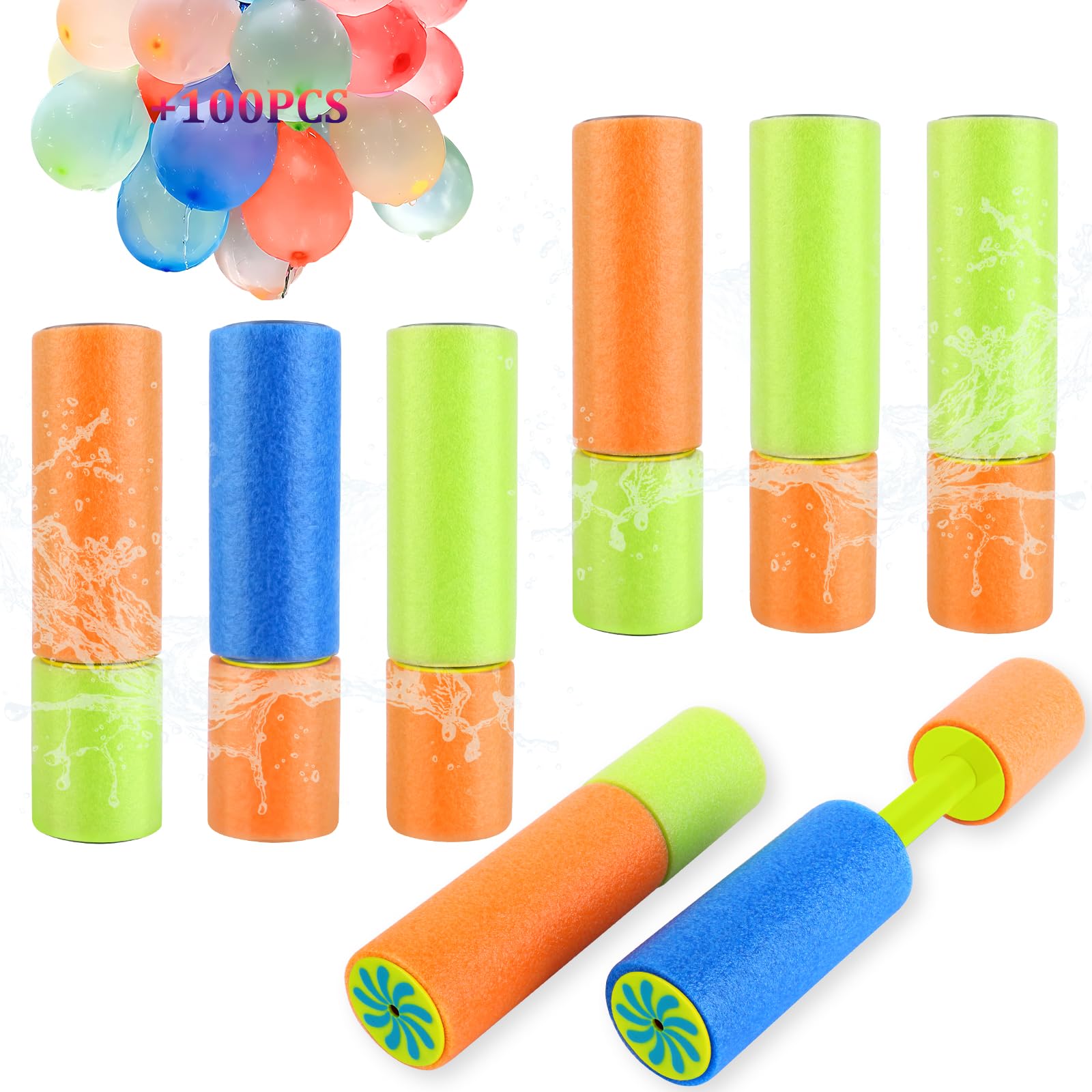 Aottom 8 Stück Wasserpistole Kinder, Wasserpistolen Schaumstoff 15.5CM Set mit 100St Wasserbomben Luftballons, Spritzpistole Wasser Bunte für Jungen und Mädchen Party Strand Pool Spielzeug
