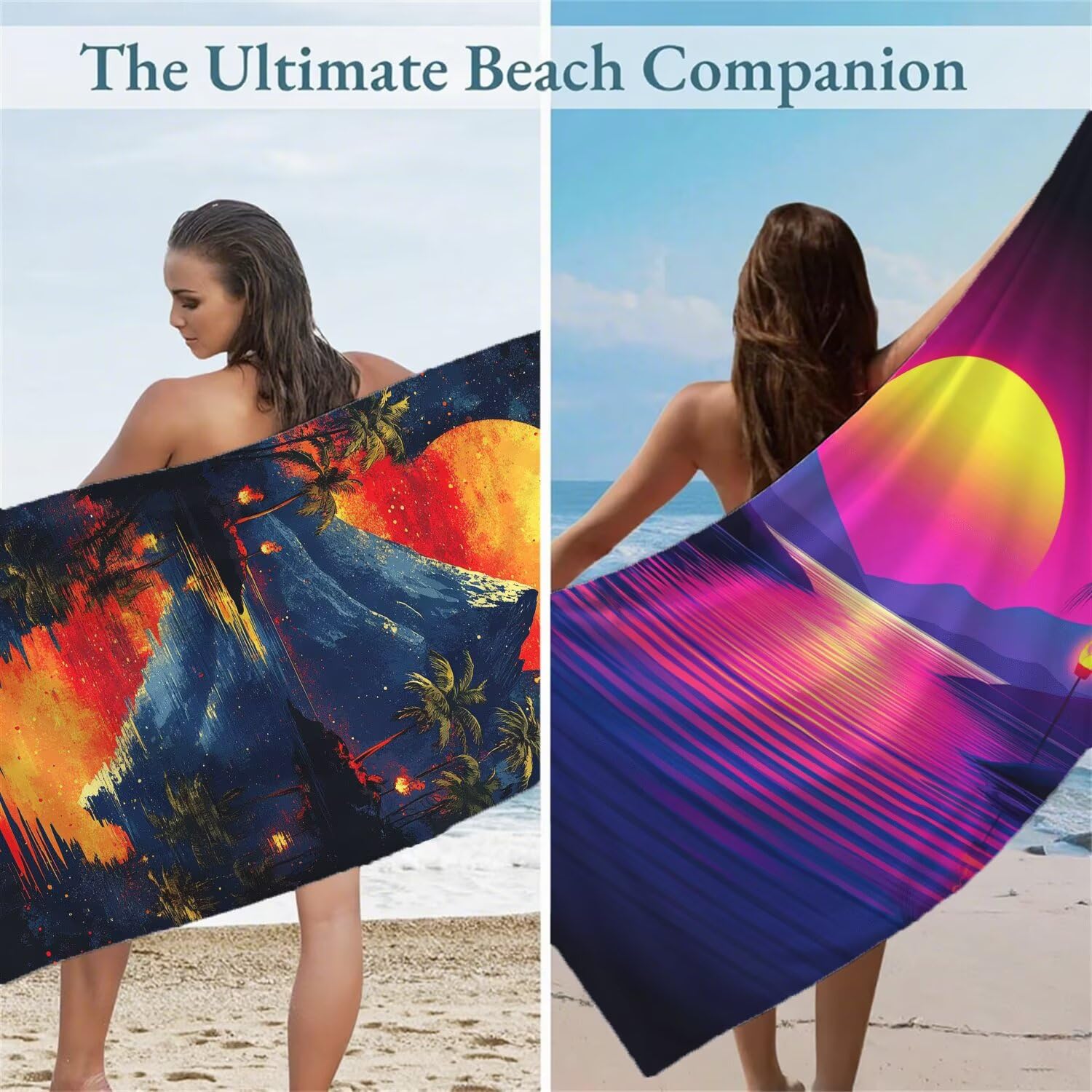 Serviette de Plage 90x180cm, Vacances Serviette Microfibre Lot de 2 Coucher de soleil Motif Ultra Absorbantes Séchage Rapide Anti Sable Légère Drap de Plage Design pour Piscine Voyages Sauna, Model302