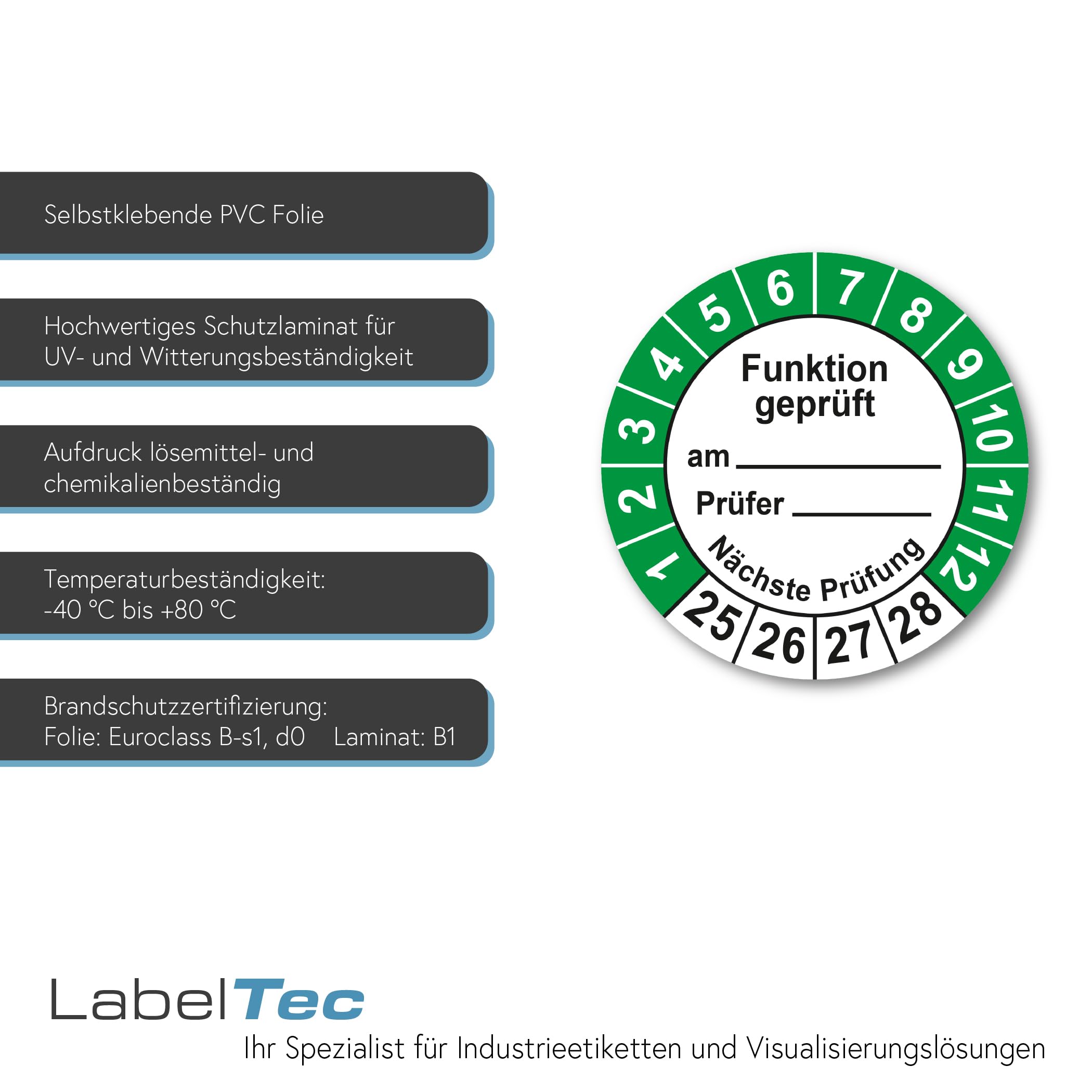 Prüfplaketten Funktion geprüft am durch nächste Prüfung mit Platzhalter ⌀30mm Prüfaufkleber 2025-2028 Prüfetiketten Vinyl Aufkleber Plakette selbstklebend wasserfest LTB011 (100)