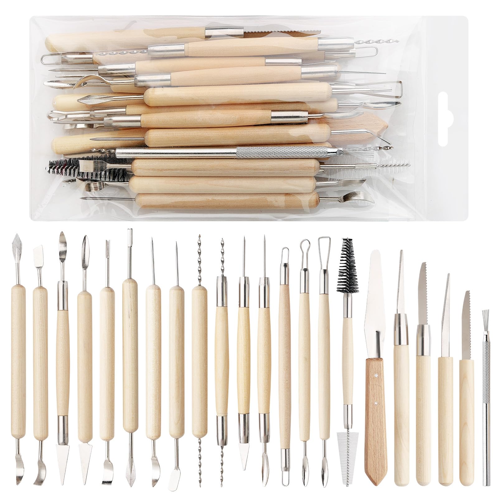 22 piezas de herramientas de madera para esculpir cerámica, juego de herramientas de limpieza de arcilla de madera, herramienta de modelado de cerámica para tallar, moldear, cortar y recortar, suministros para manualidades de torno de cerámica para principiantes, adultos y estudiantes.