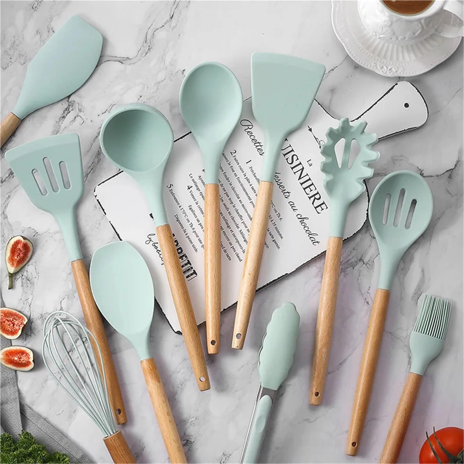 Set di utensili da cucina in silicone Set di utensili da cucina in silicone 12 pezzi for manico in pentola antiaderente, secchio stoccaggio for, resistente(12Pcs Grey)