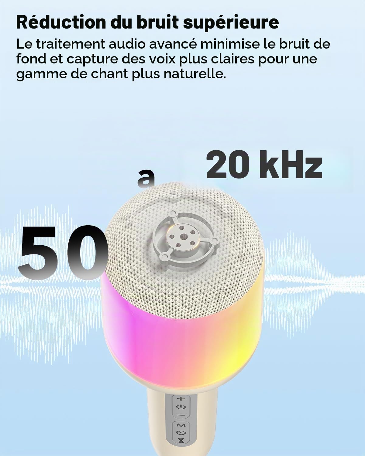 StageSound Micro Karaoké Bluetooth sans Fil, Microphone à Main avec Effets LED, 6 Modes Vocaux, Appairage Duo pour Chanter à Deux, pour Enfants et Adultes