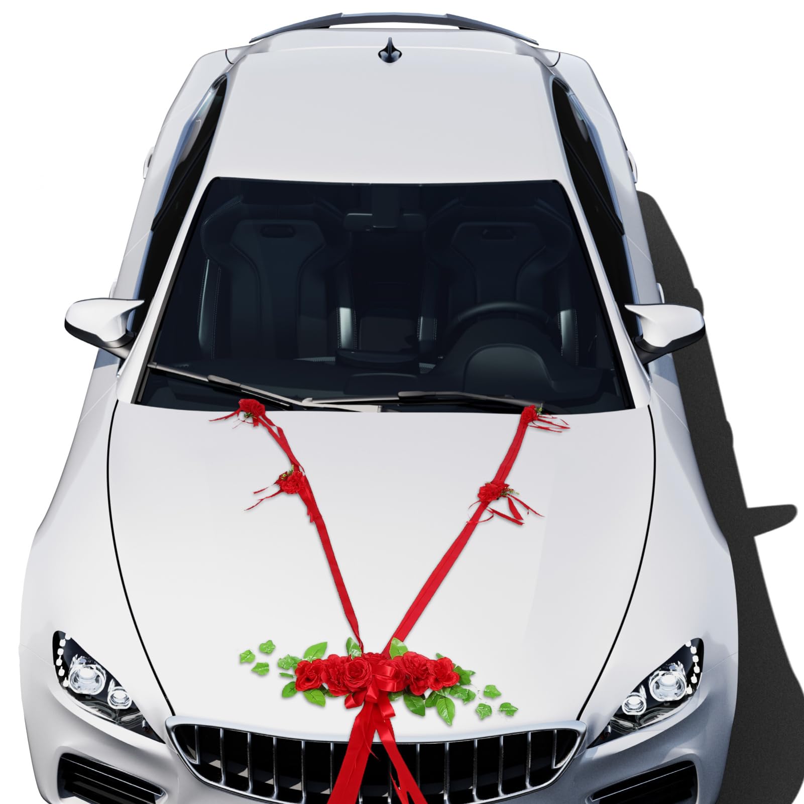 GLEAVI Elegante Hochzeitsdekoration für Hochzeitsauto mit Roten Filzherzen Künstlichen Rosen und Schleifen aus Bändern für Romantische Party und Autofeier