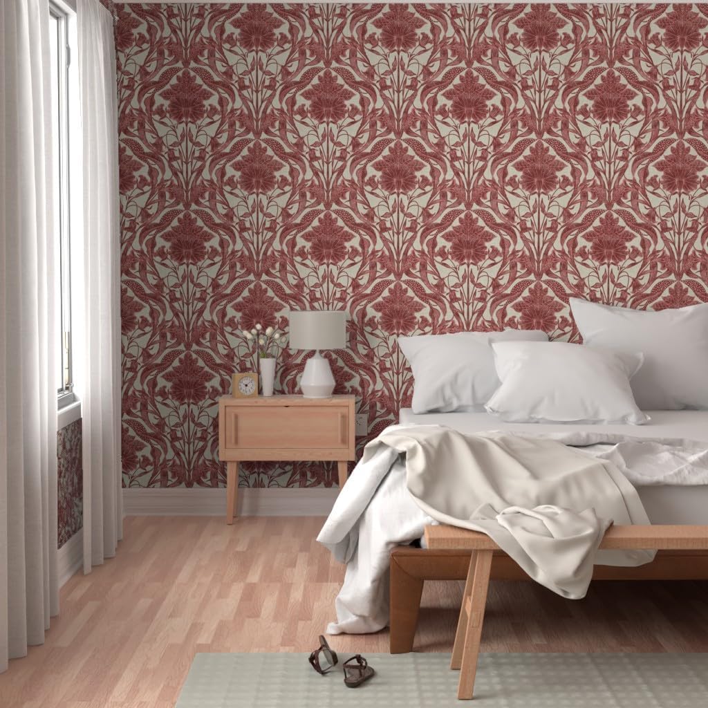 Peel & Stick Wallpaper 12ft x 2ft - Ruby Red Floral,Block Print,Traditional,Folk Art,Damask,red Beige Custom Removable Wallpaper by Spoonflower