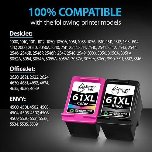 Miniatura 2 de Smart Ink Cartucho de tinta remanufacturado de repuesto para HP 61 XL 61XL Combo Pack (negro y tricolor) para usar con HP Envy 4500 4502 5530