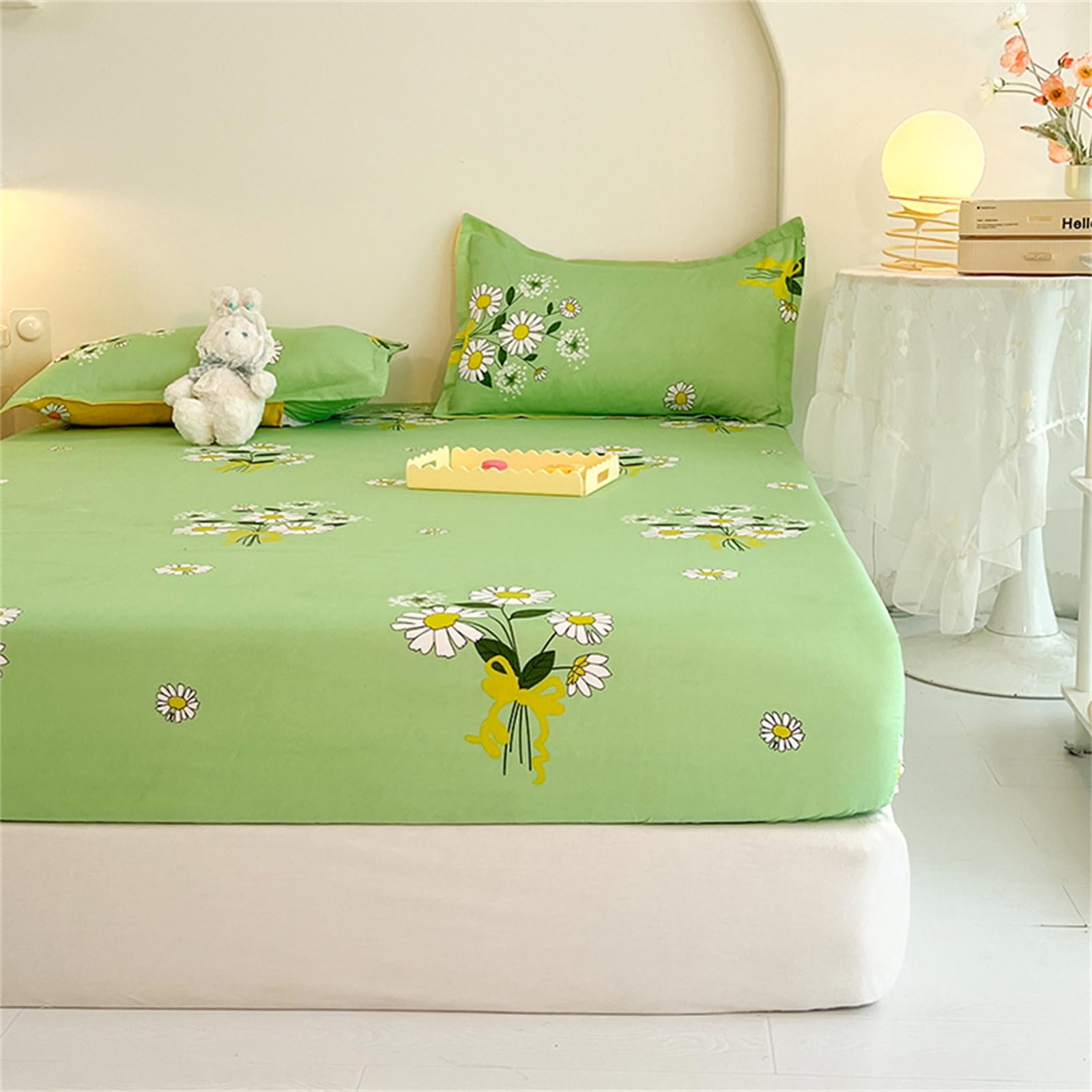 Surwin King Double Single Fitted Sheets, Soft Microfibre Fitted Bed Sheets, Fade Resistant Deep Pocket Fitted Sheet, Cartoon Prints Bedsheets (Single,Daisy)