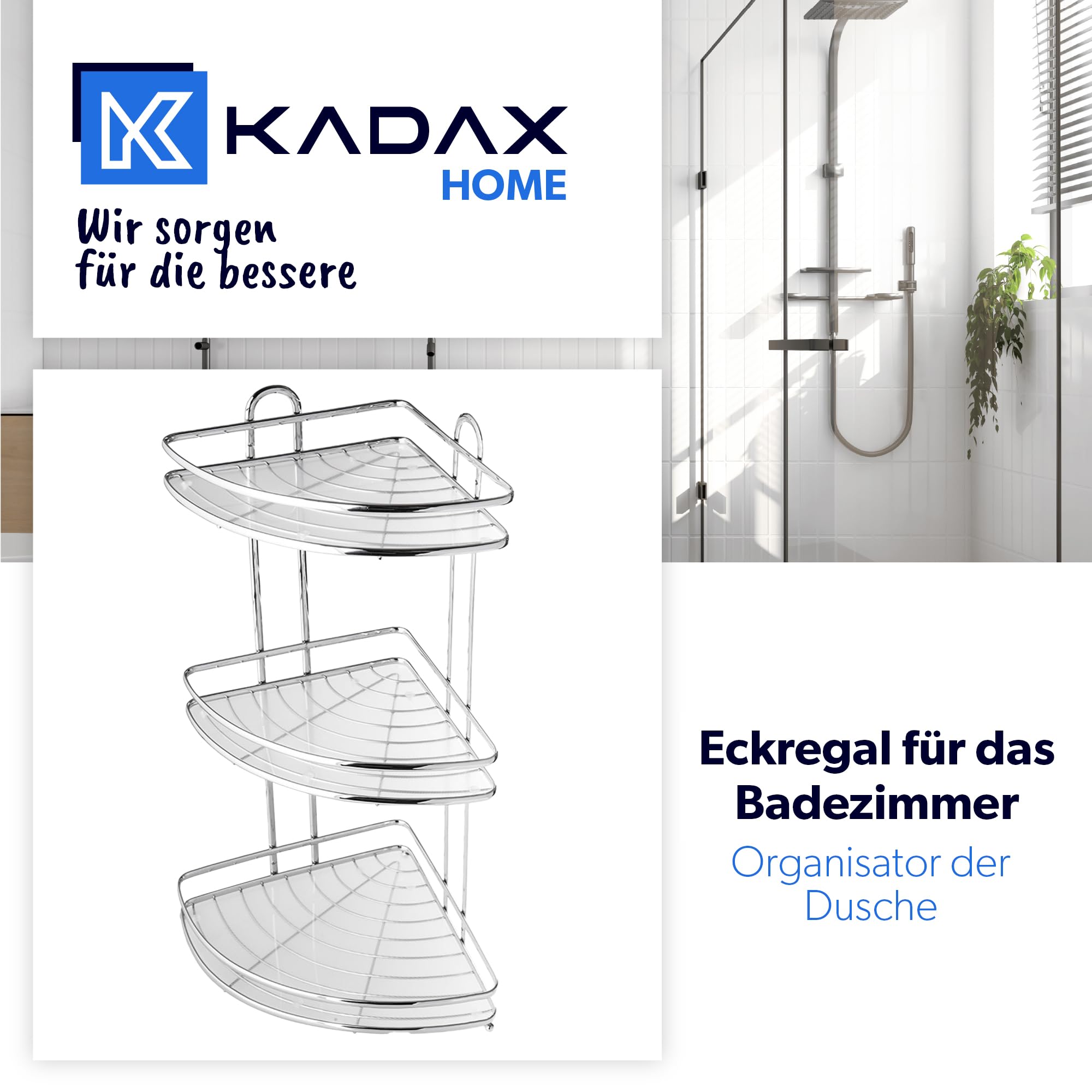 KADAX Duschablage Ecke, Badezimmer Organizer, Eckregal, Badregal, Duschregal, Duschgel und Shampoo Halterung für Dusche, Duschkorb (Silber, 3 Etagen)