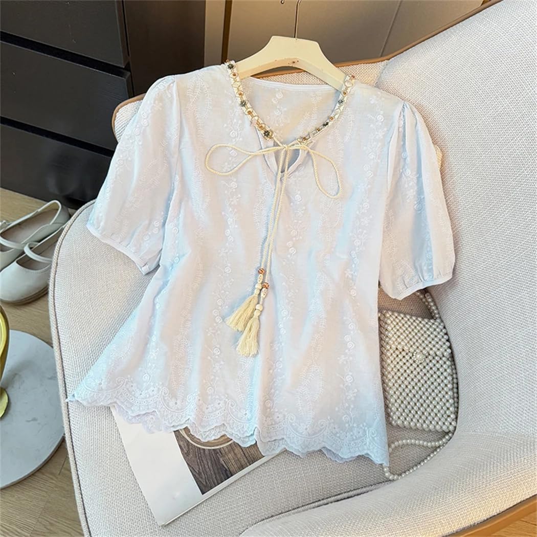 Camicetta da donna con ricamo vintage con nappa, con maniche a sbuffo e scollo a V, estiva, ampia e