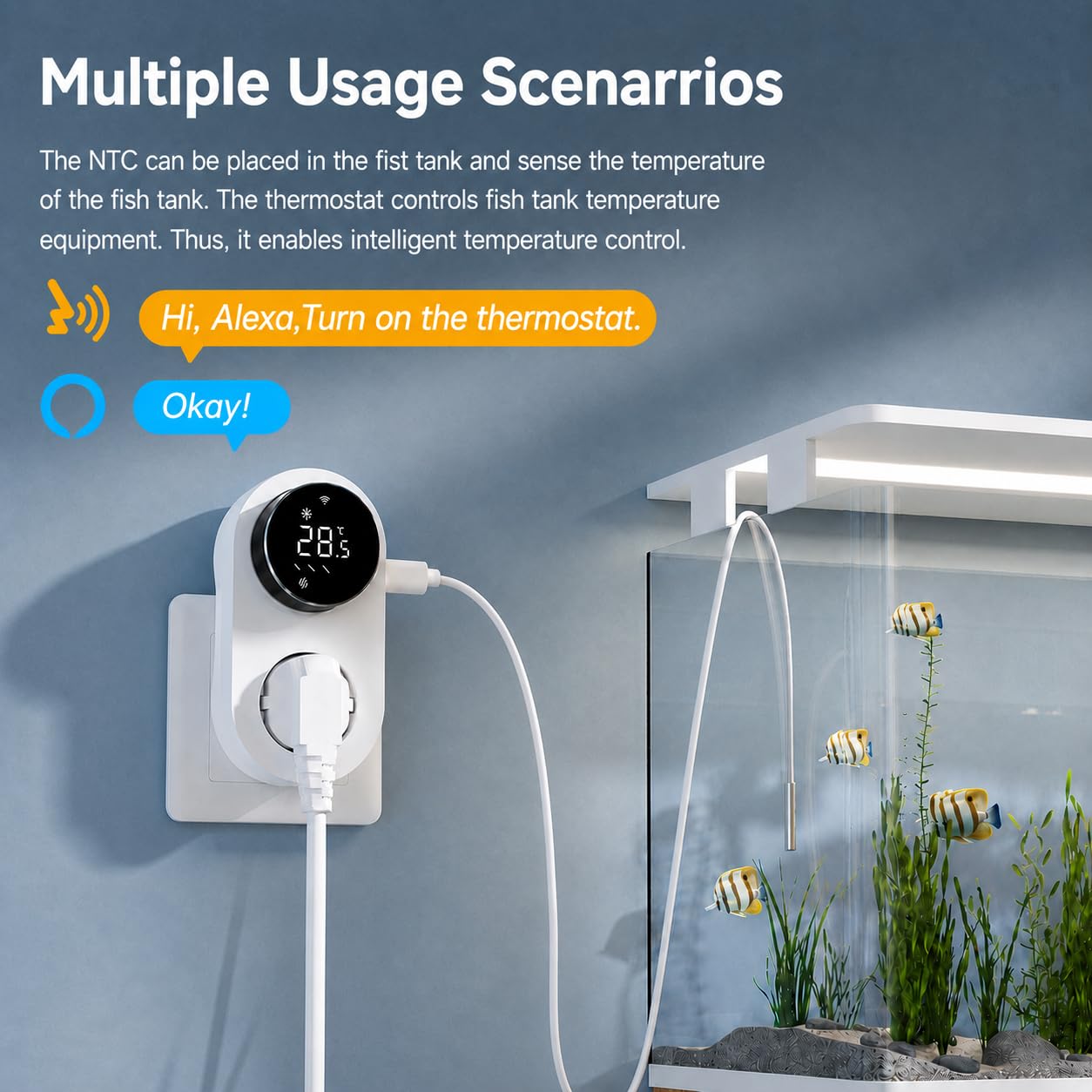 Yasorn Termostato WiFi da Presa 16A, Display LED, Manopola e Sonda Esterna | Precisione ±0,5 °C; Tuya/Smart Life; Alexa e Google; 6 modalità; programmazione settimanale; antigelo; max 16 A/3680 W
