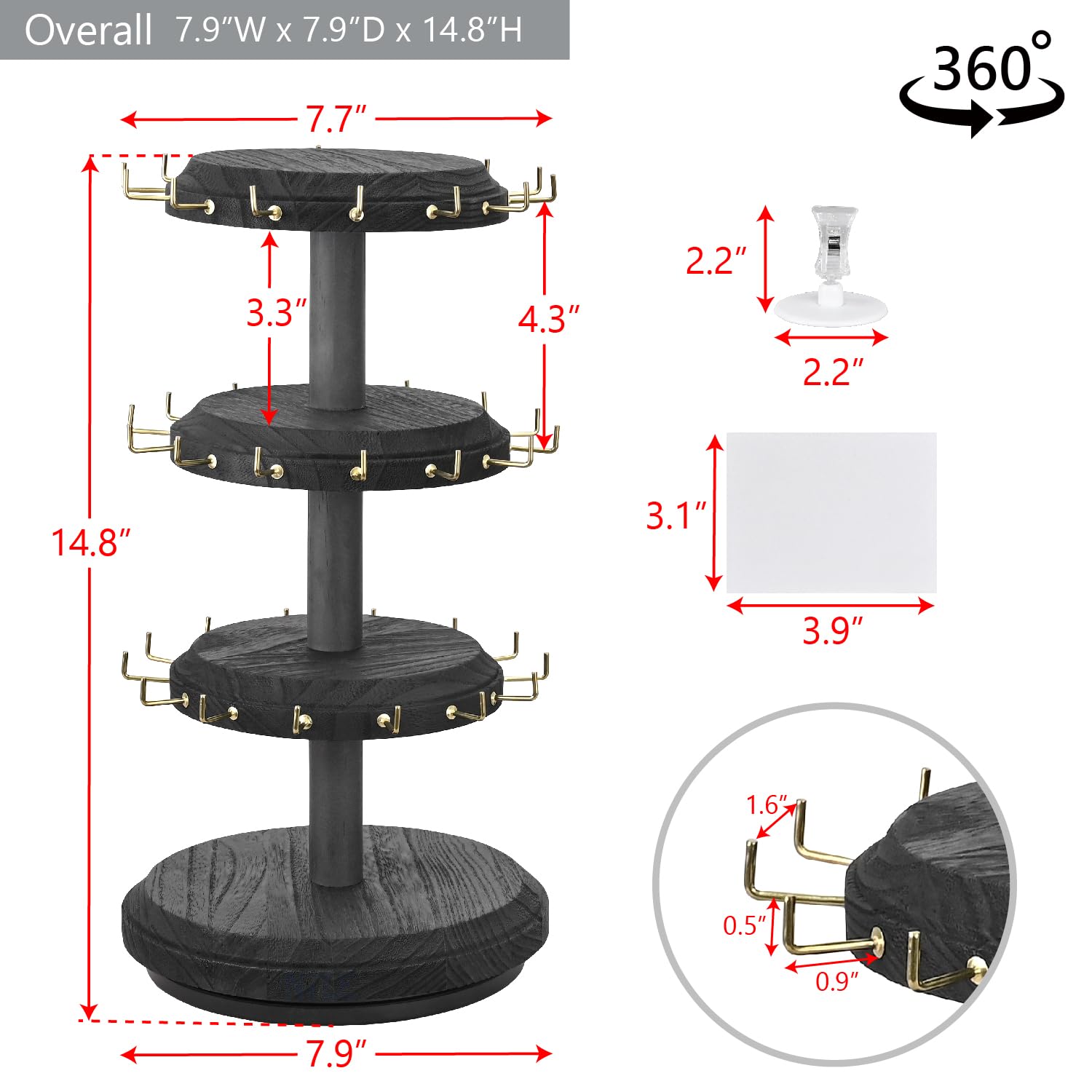 MOOCA 3 Tier Wooden Bracelet Holder, Jewelry Display Stand, Rotating Bracelet Display, With 42 Hooks, Black Color, 7.9