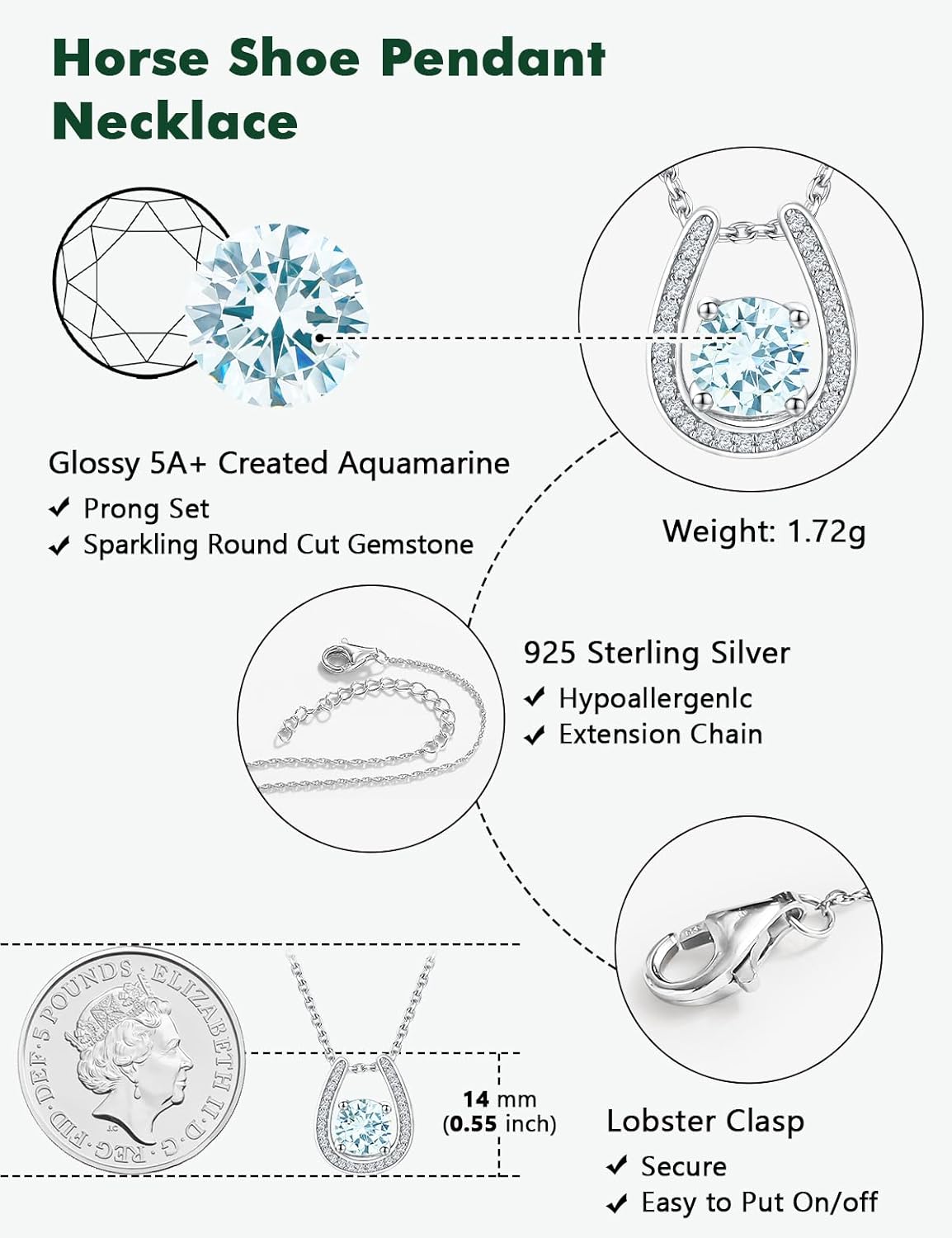 925 Sterling Silver Horseshoe Necklace for Women Round Gemstone Birthstone Necklace Sapphire/Emerald/Ruby/CZ Horse Shoe Pendant Necklaces Jewelry Gift