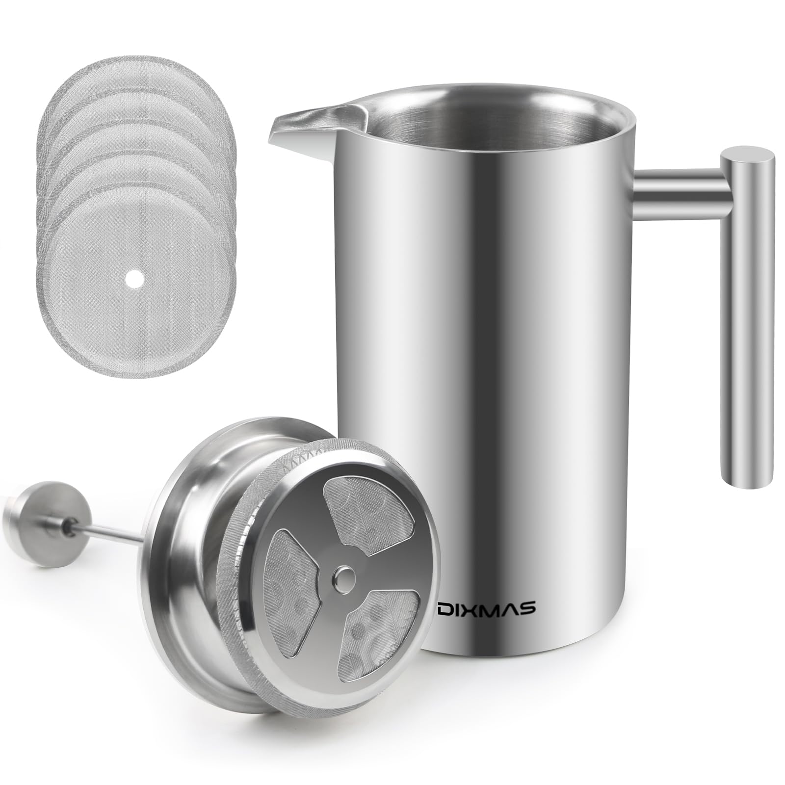 Cafetière à Piston 1L Inox Isotherme French Press 8 Tasses | 5 filtres de rechange en acier, 1000ml