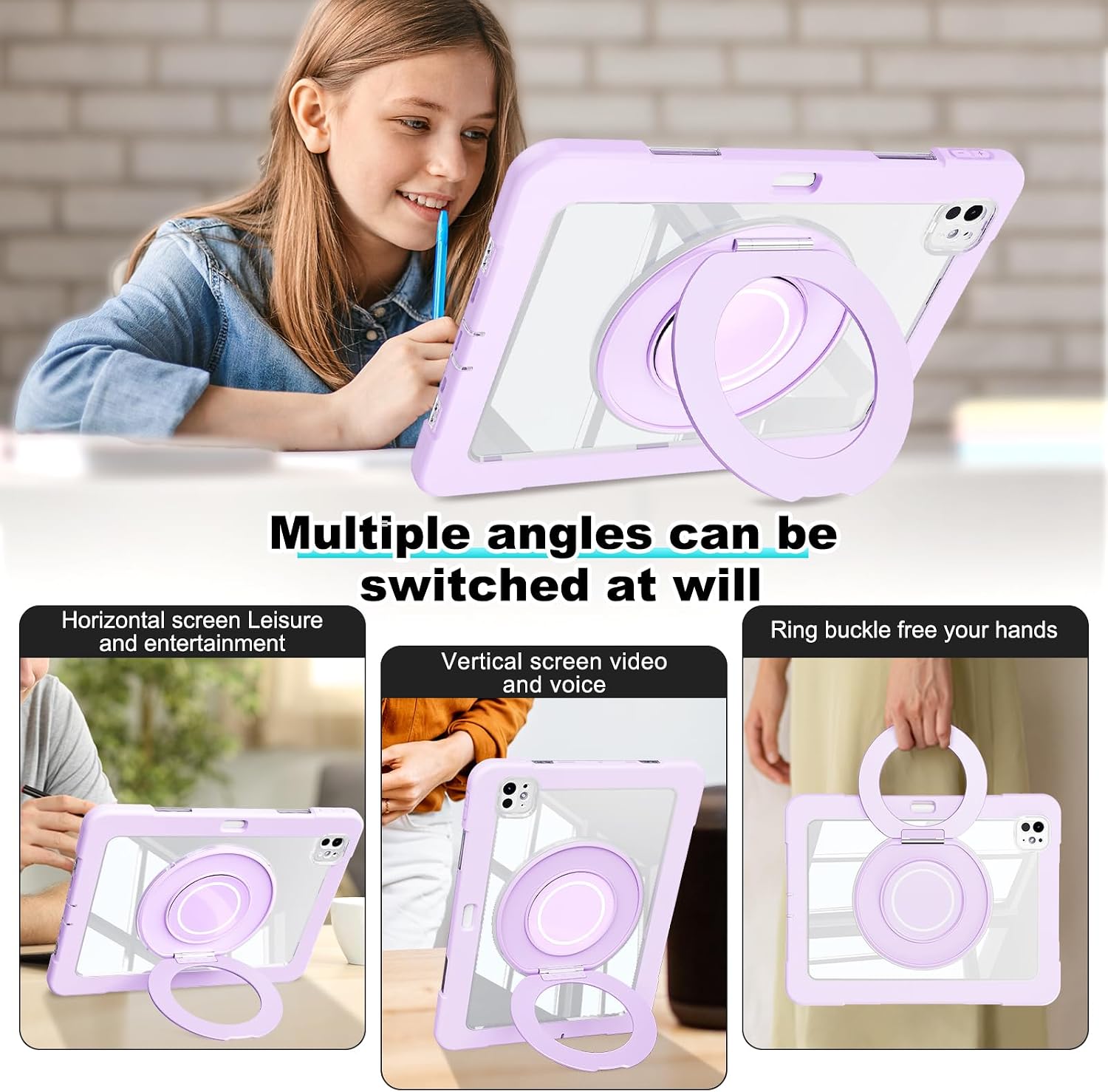 Dteck for iPad Pro 11 inch (M4/M5) 2024/2025 Release Shockproof Clear Case with Stylus Pencil Holder/Rotating Kickstand/Swivel Handle, Lightweight Protective Slim Transparent Tablet Cover, Purple