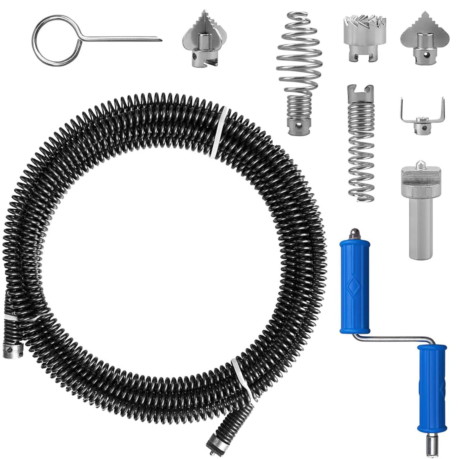 Abflussschlangenreiniger 5 m – 12 mm Spiraldurchmesser mit 6 Abflussreiniger-Schneidköpfen und 1 manuellen Adapter, robustes Spülbeckenentferner-Werkzeug für Küche, Badezimmer, Rohre, manuelle