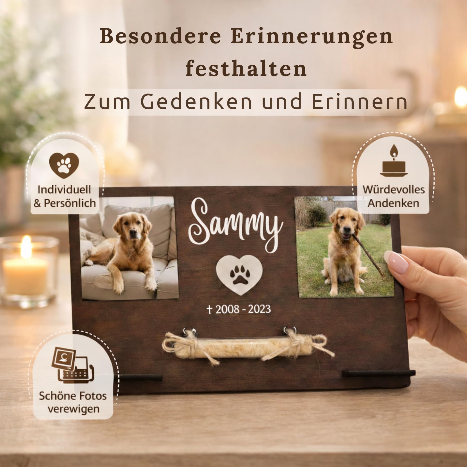 CHRISCK design Andenken an verstorbene Katze - personalisierter Katzen Gedenkrahmen mit Fotos & Glasröhrchen für Katzenhaar oder Asche - Erinnerungsrahmen aus Holz - Gedenkstätte & Trauergeschenk