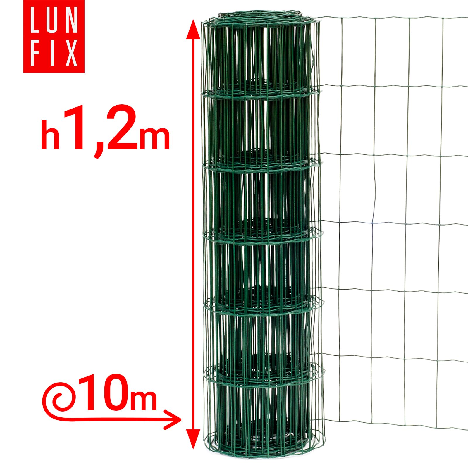 Maschendrahtzaun - verzinkter Stahl Grün PVC-beschichtet, 100 x 50 mm, Ø 2.2 mm, 120 cm x 10 m, Gartenzaun Hundezaun Wildzaun Hühnerzaun Drahtgitter Zaun Schweißgitter, Lun Fix