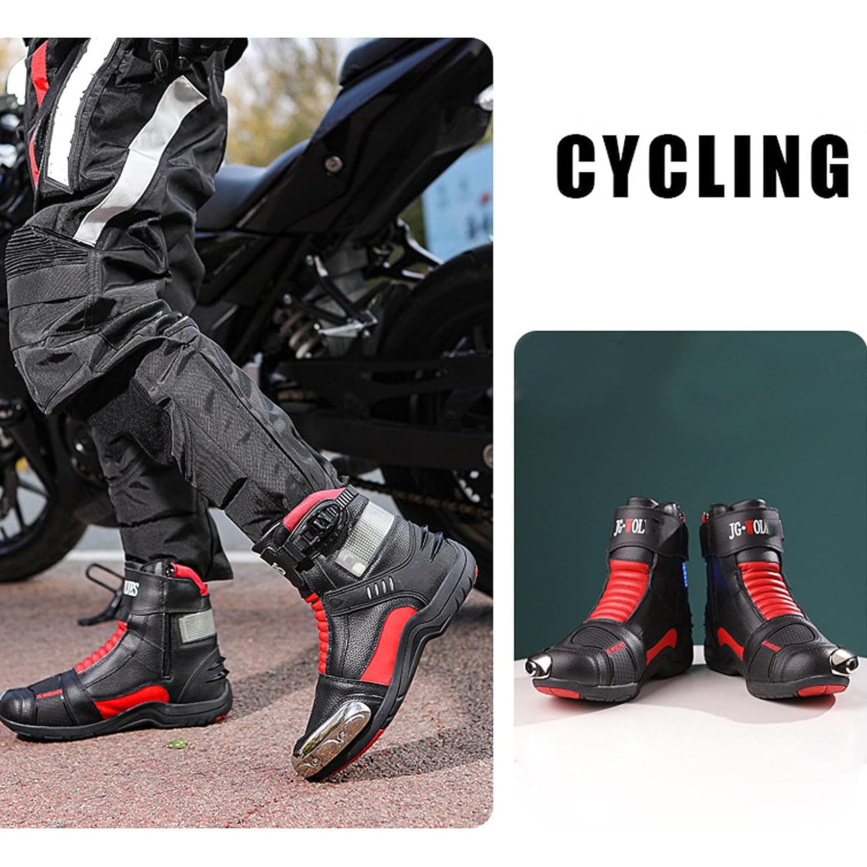 DJFOG Botas de moto de cuero para hombre, zapatos de moto de carreras con pantalla emisora de luz Led, botas de deportes de competición informales impermeables