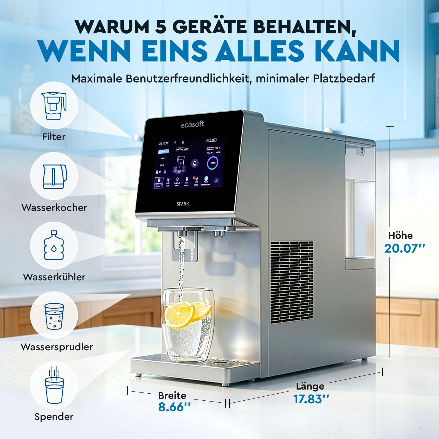 Ecosoft Spark Umkehrosmose Wasserspender 4-Stufige Filtrierung UV-Reinigung Touchscreen WLAN-App-Steuerung Sprudel Kalt Heißwasser