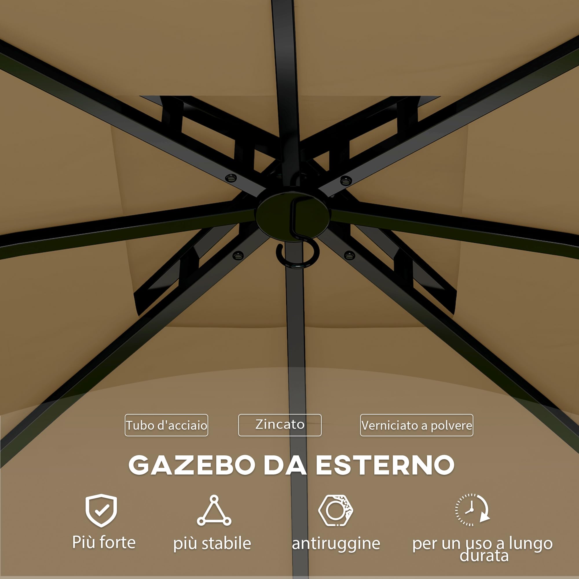 Outsunny Gazebo da Giardino 3.4x3.4 m con Pareti Laterali e Finestre, Gazebo da Esterno Resistente Protezione UV Tenda Tendone Padiglione per Feste con Tetto a 2 Livelli, Struttura in Metallo, Beige