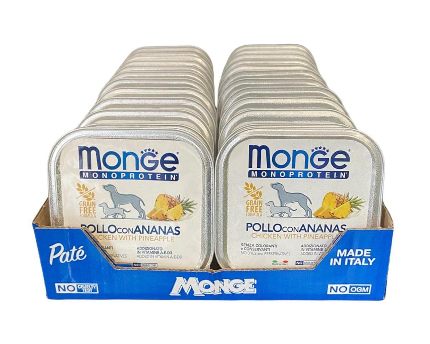 Monge Monoprotein Cibo umido per Cane Pollo con Ananas, naturalmente senza coloranti, conservanti e zuccheri aggiunti. Confezione da 24 vaschette (1 = 150gr.)