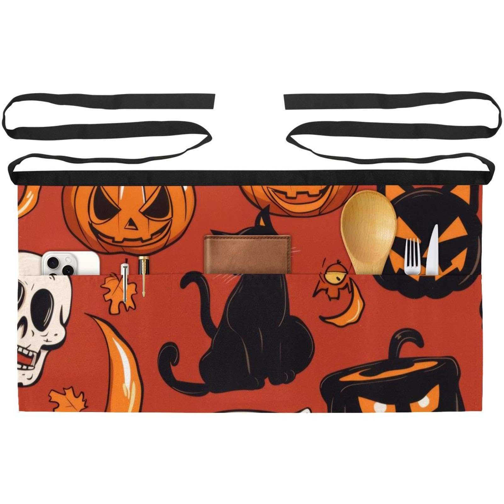 3 Packs Waist Apron With 3 Pockets, Halloween Pumpkin Ghost Bat White Background Durable Server Aprons, Restaurant Waitress Waiter Half Short Aprons, Chef Aprons, 23.6