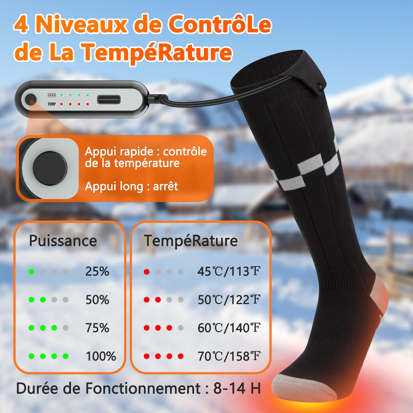 Chaussettes Chauffantes Améliorées, iKuchelife 7500mAh Rechargeables, Pieds Chauds à 360°, 4 Niveaux de Température, 14H Autonomie de la Batterie, Maison et Extérieur, Hommes et Femmes 37-47