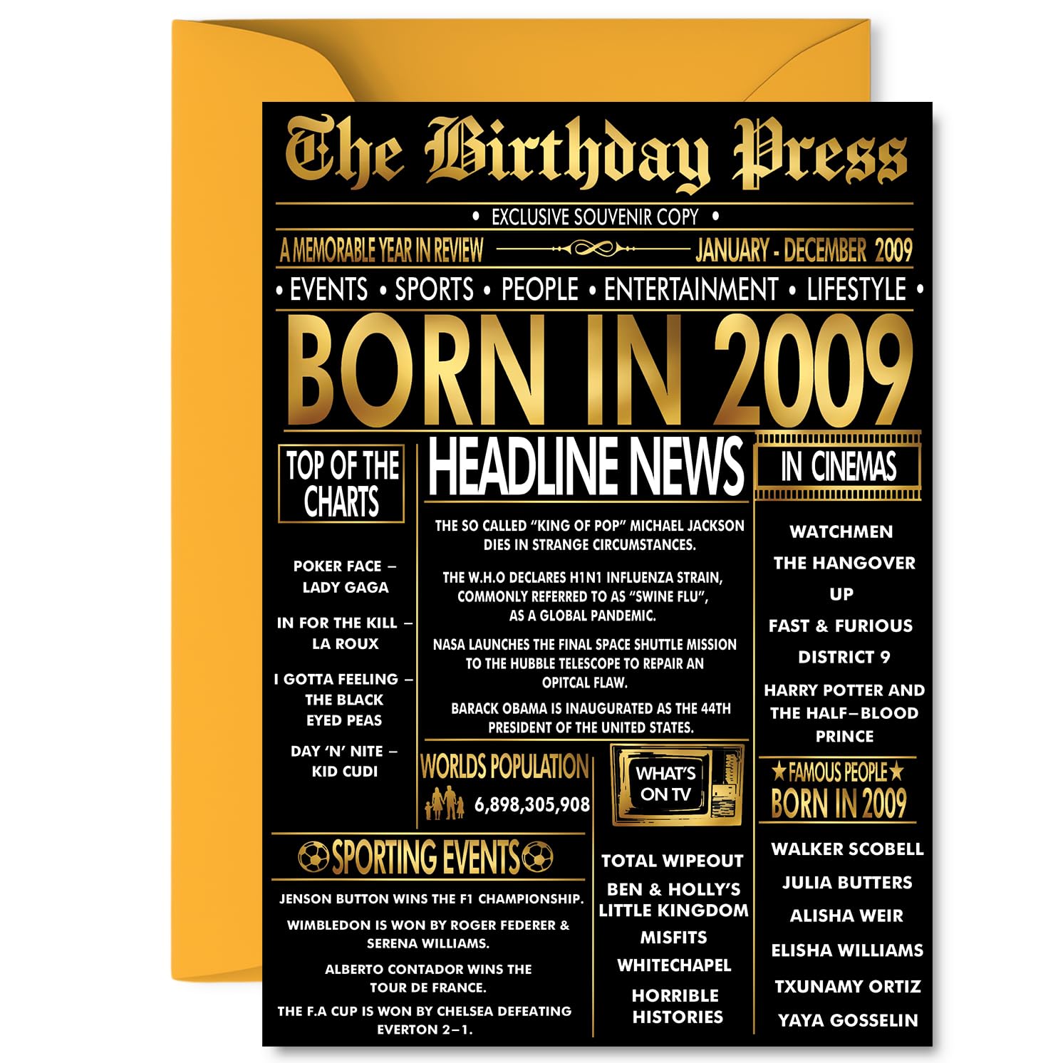 Gold 17th Birthday Card for Boys Girls - Black & Golden Newspaper Born in 2009 - Happy 17 Birthday Cards for Daughter Sister Cousin Granddaughter Brother Nephew, A5 Bday Greeting Cards