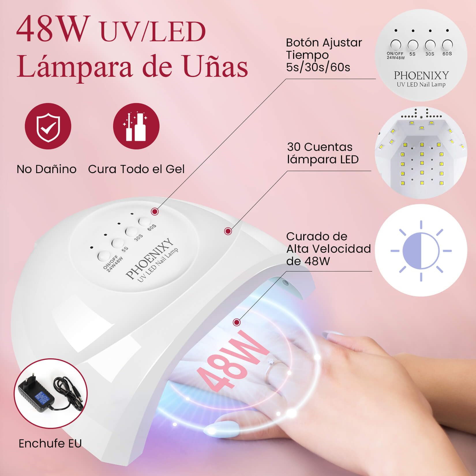 Kit Uñas Semipermanentes Phoenixy 40 Colores Esmalte Semipermanente con Lámpara 48W U V/LED Uñas Semipermanentes Kit Completo con Accesorios