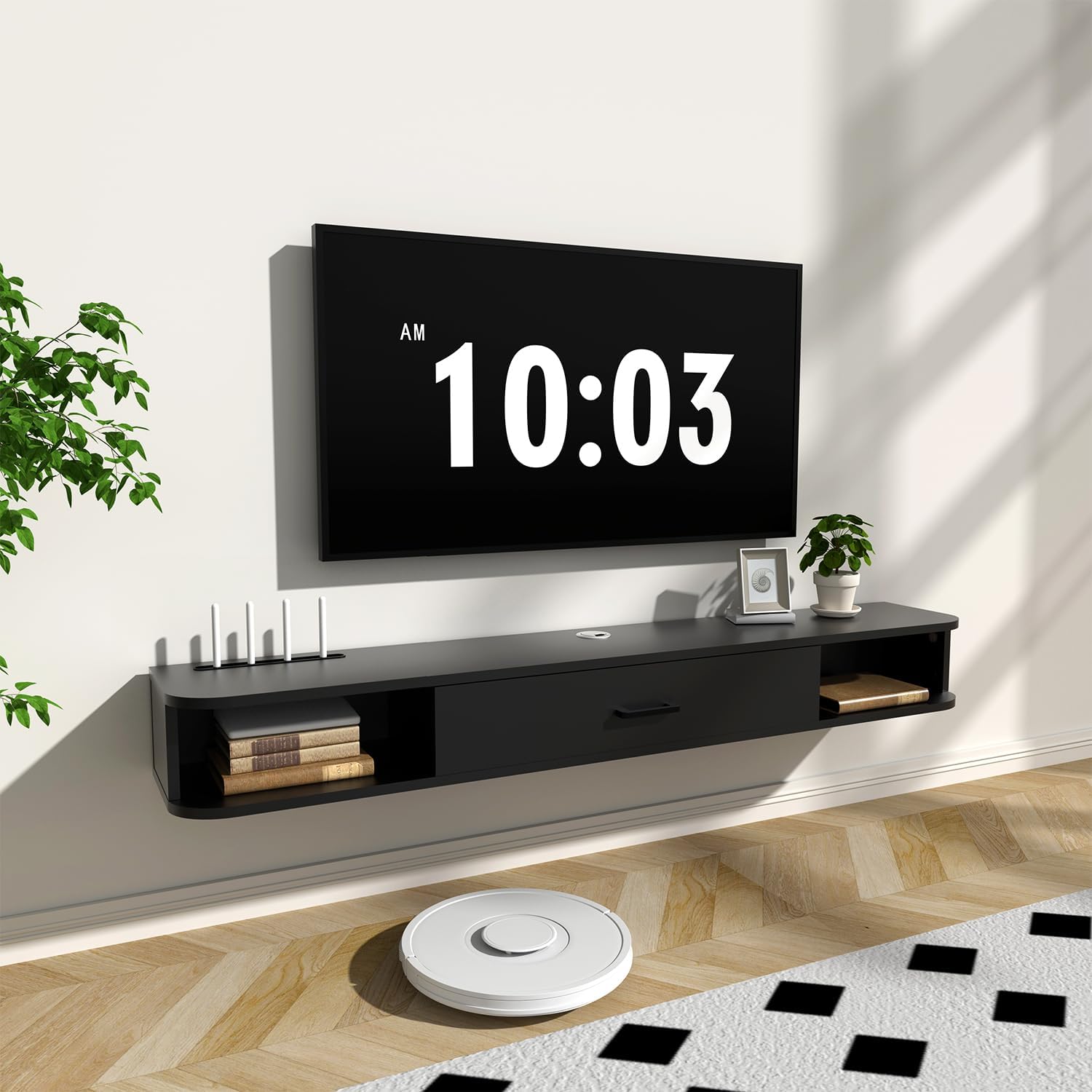 GHC Floating TV Stand, 65'' Wall Mounted TV Cabinet, Floating Shelves with Door, Media Console for DVD Player, Space-Saving Under TV Shelf for Bedroom & Living Room (Black) 55.1IN Black