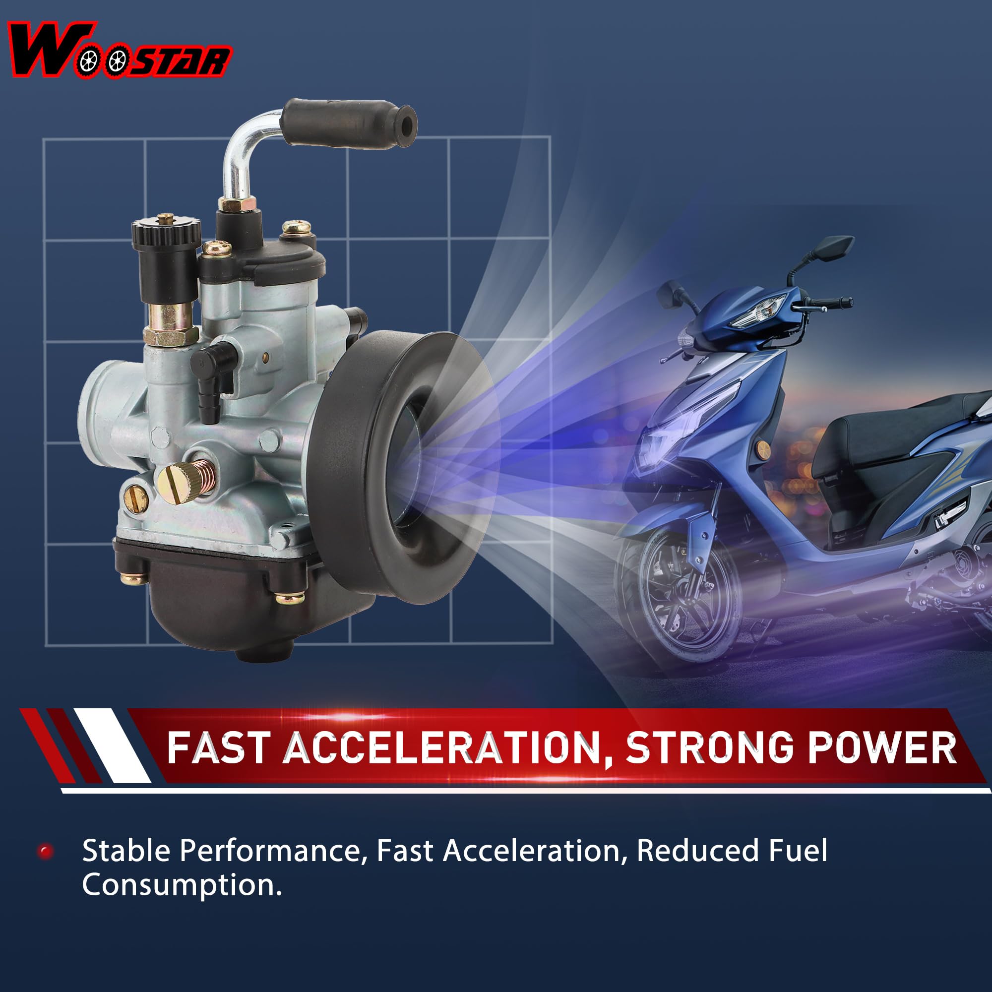 WOOSTAR PHBG 19mm BS Racing Carburador con Tubo de Combustible con Sears Reemplazo para 2 Tiempos 50cc 70cc 80cc 90cc 100cc Motor Motocicleta