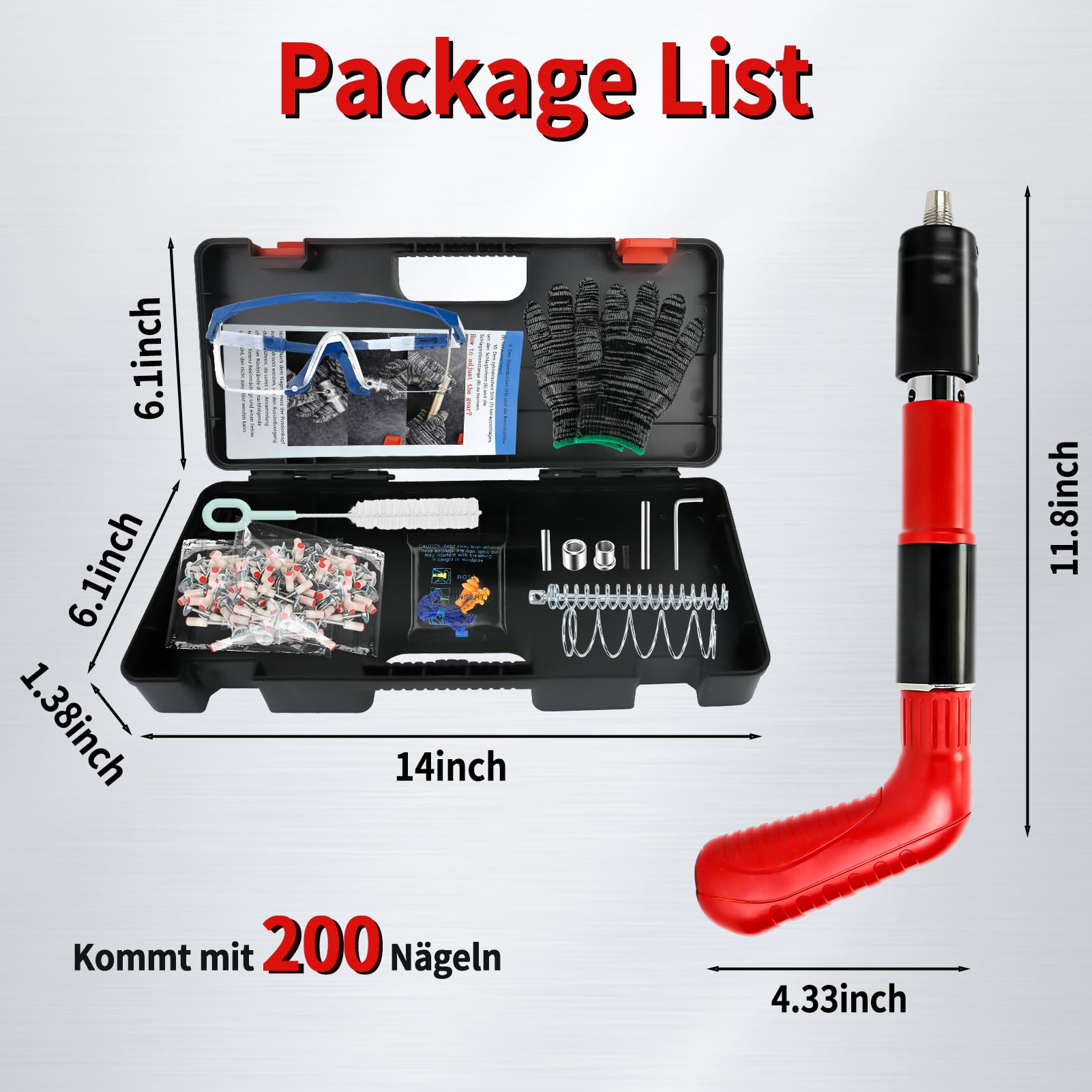 Pistola Sparachiodi, Pistola Manuale Sparachiodi con 200 Chiodi Tondi, spara Chiodi per Cemento e Ferro, Portatile Nail Gun Silenziatore Regolabile Pistola per Chiodi In Acciaio Pistola (Set 1)