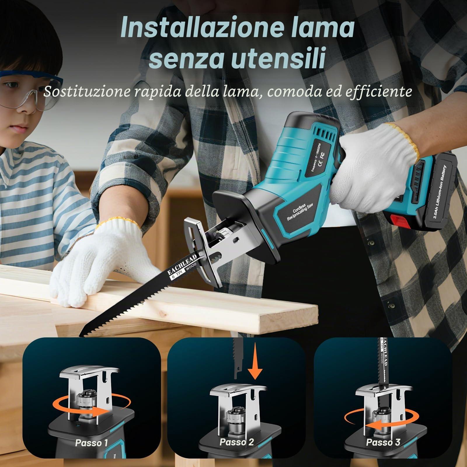 Sega a Gattuccio Compatibile con Maa-kita 21V Batteria, Gattuccio a Batteria Con 2×3.0Ah e 6 Livelli di Velocità Fino a 3500SPM 4 Lame, Gattuccio Elettrico per Legno e Metallo