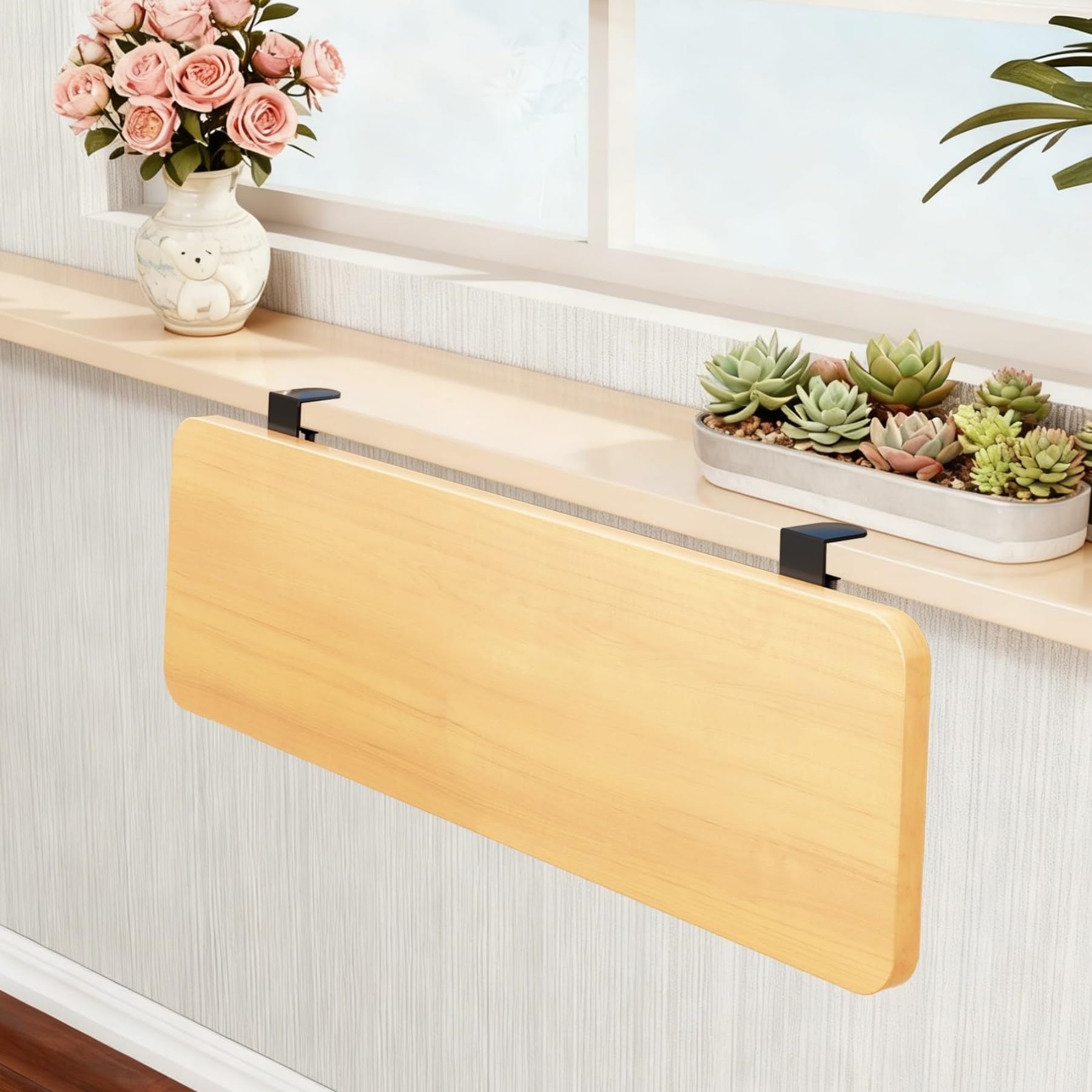 XNSHUNHOYN 90 Degree Fold Down Window Sill Extender, Clamp-On Desk Edge Extension Plate Shelf, Windowsill Extender Shelf for Plants/Decor/Storage,80x20cm (31.5x7.9in)