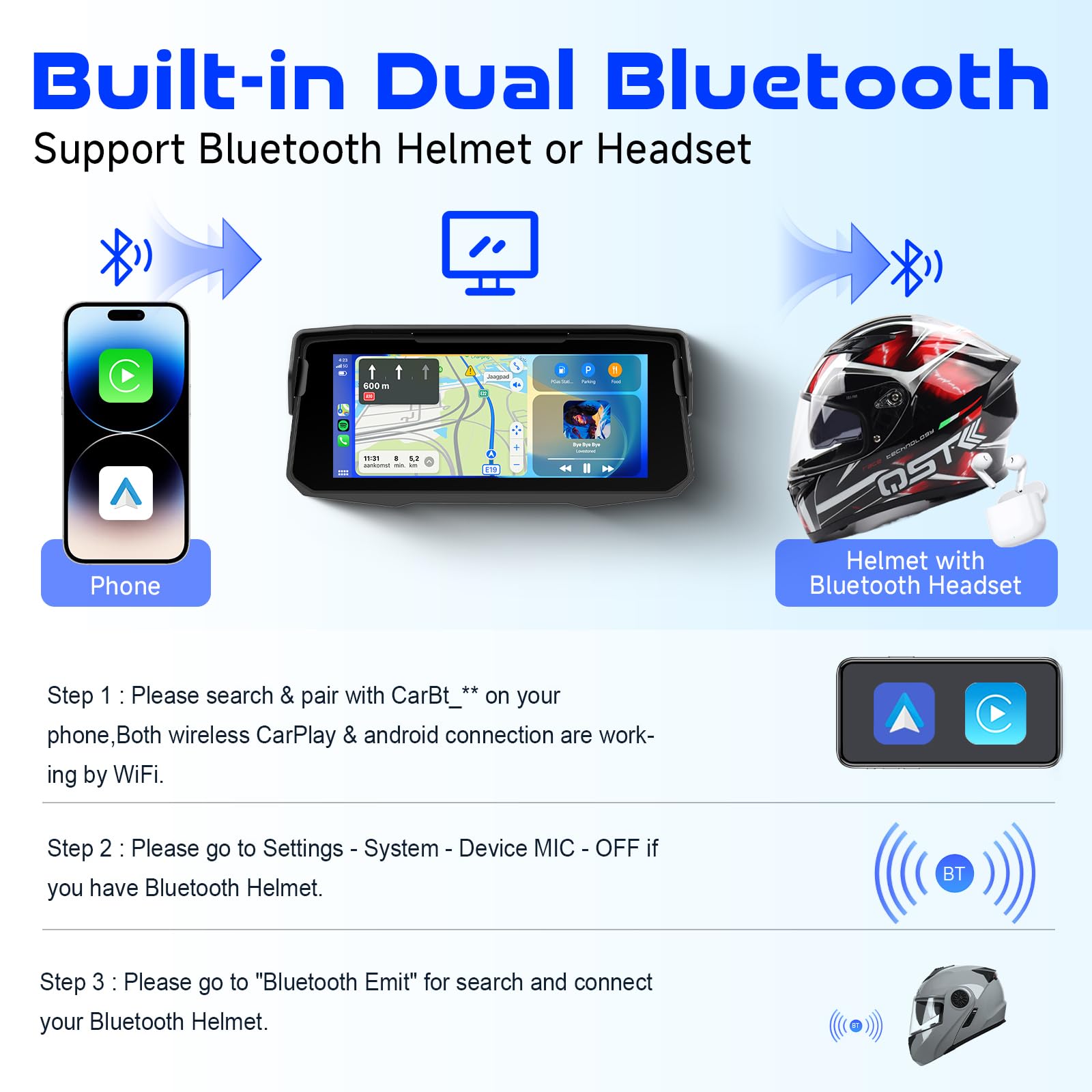 Hodozzy Schermo Carplay per moto con Bluetooth, Wireless Android Auto Touchscreen da 6,86 pollici Carplay Stereo per Moto, Supporto Impermeabile Dual BT TF EQ, Controllo Vocale, Navigazione GPS