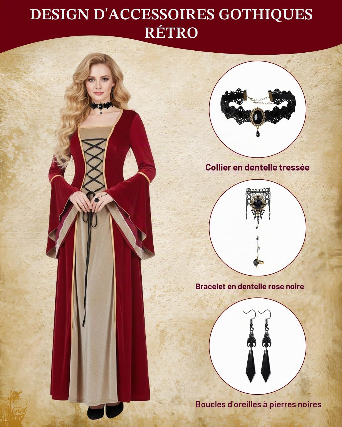Deguisement Medieval Femme, Costume Medieval Femme avec Collier et Boucles D'oreilles, Robe Renaissance à Manches Cloche, Costume Carnaval pour Fête Rétro Cosplay Halloween