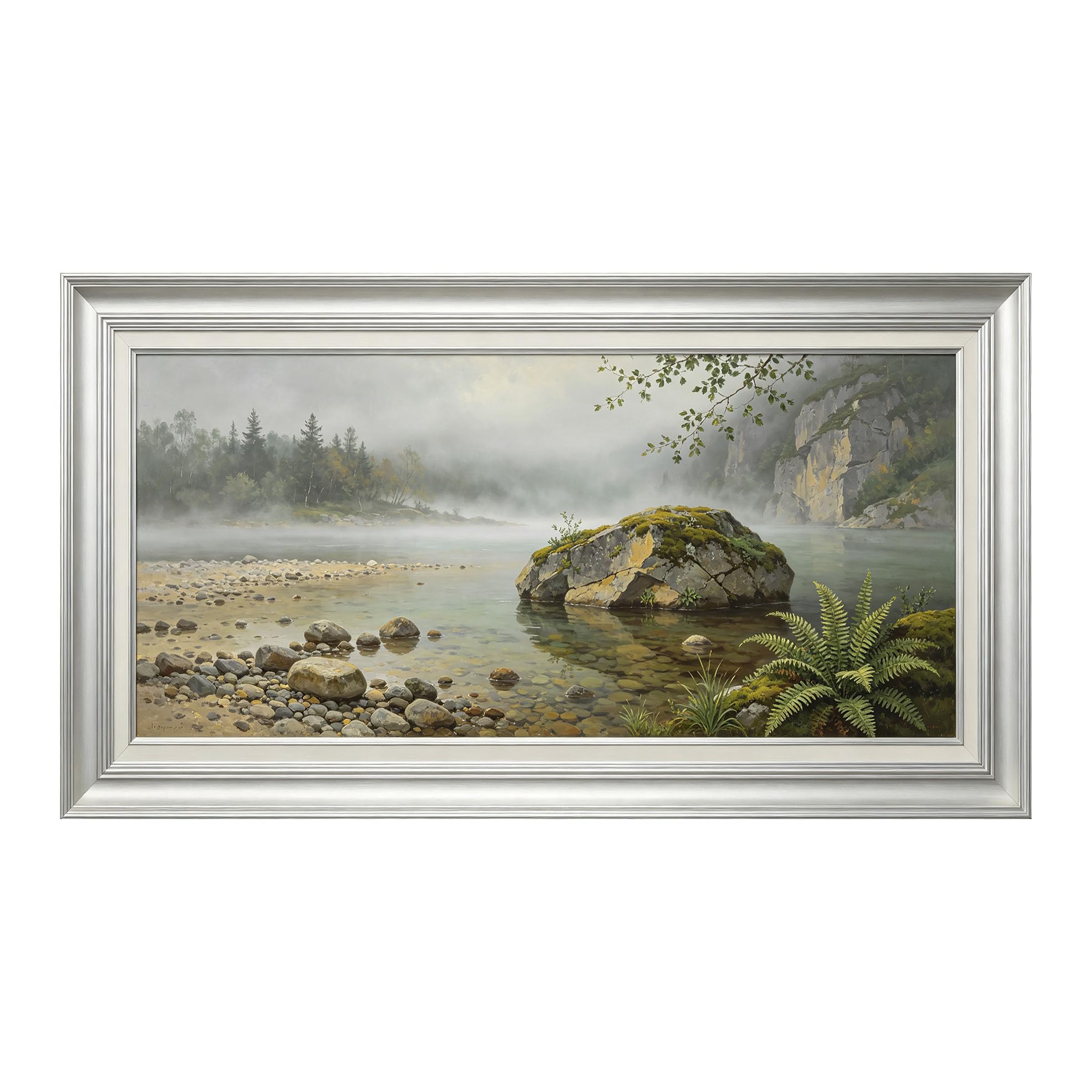 Yzpallescene 3D Framed Wall Art 50cm×100cm Misty Lake Mountain Landscape Oil Painting Panoramic Scenic View Large Size SelfAdhesive Removable Wall Decor Prints Artwork for Living Room Bedroom Office