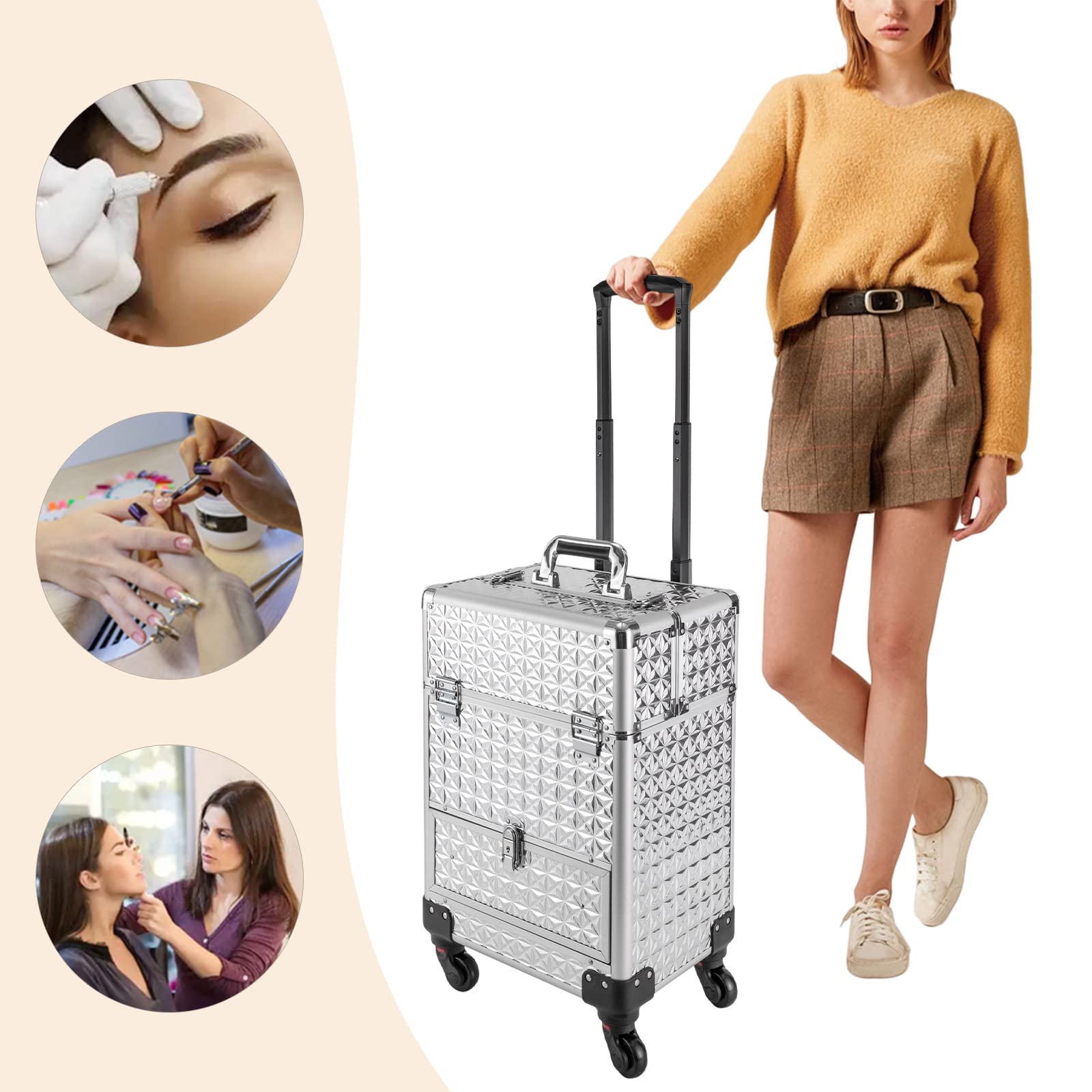 Eleeferri Rolling Makeup Train Case, Rolling Trolley Cosmetic Case, Portable Manicure Storage Case, Jewelry Travel Cosmetic Train Case with 4 Wheels for Manicurists Makeup Artists (Silver)