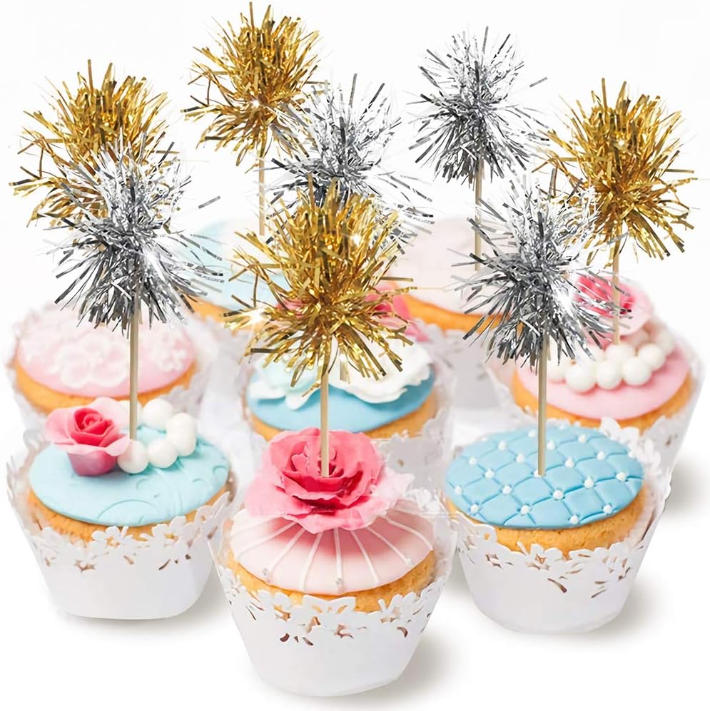 Sparkle Silver and Gold Tinsel Cakecup Toppers Cake Decoration for 4th July National Labor Days Independence Party Graduation Wedding Birthday Valentine's Day Celebration New Year Holiday 24pcs