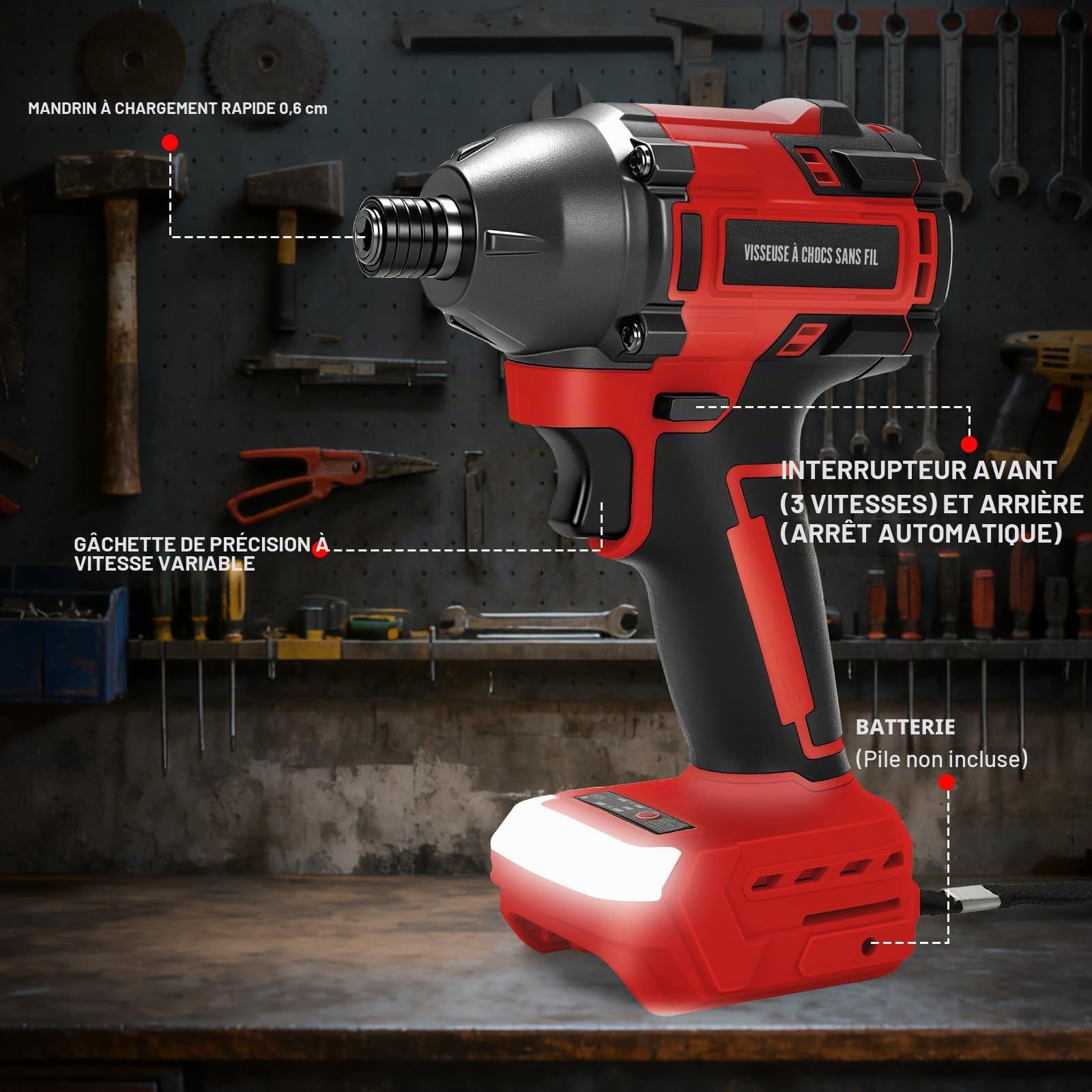 Visseuse à percussion sans fil de 0,6 cm compatible avec batterie Milwaukee 18 V (sans batterie), perceuse à percussion sans balais de 2 500 lbs, 1800 tr/min avec lumière LED pour installation à