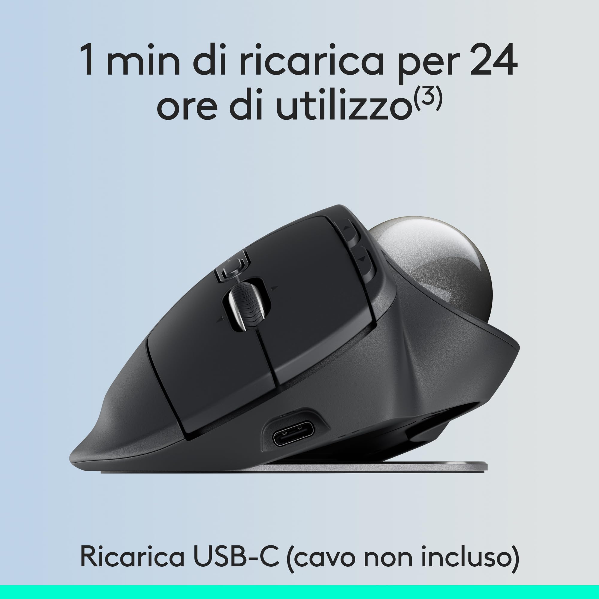 Logitech MX Ergo S mouse trackball wireless avanzato, mouse ergonomico wireless ricaricabile USB-C con Bluetooth e dongle crittografato, 6 pulsanti programmabili, per PC/Mac - Grafite