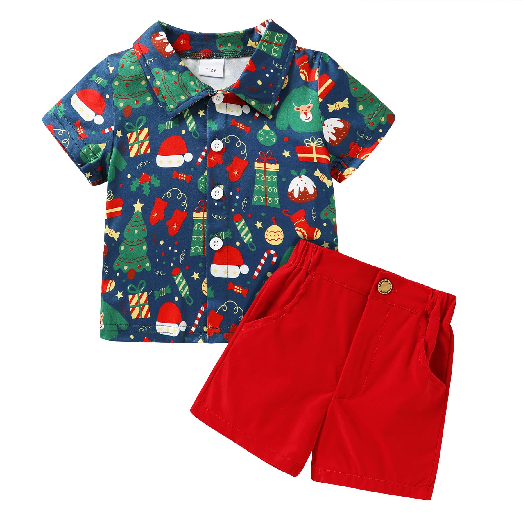 JEELLIGULAR Kids Toddler Baby Boy Christmas Clothes Santa Print Button Down Shirt Shorts Set Gentlemen Outfits